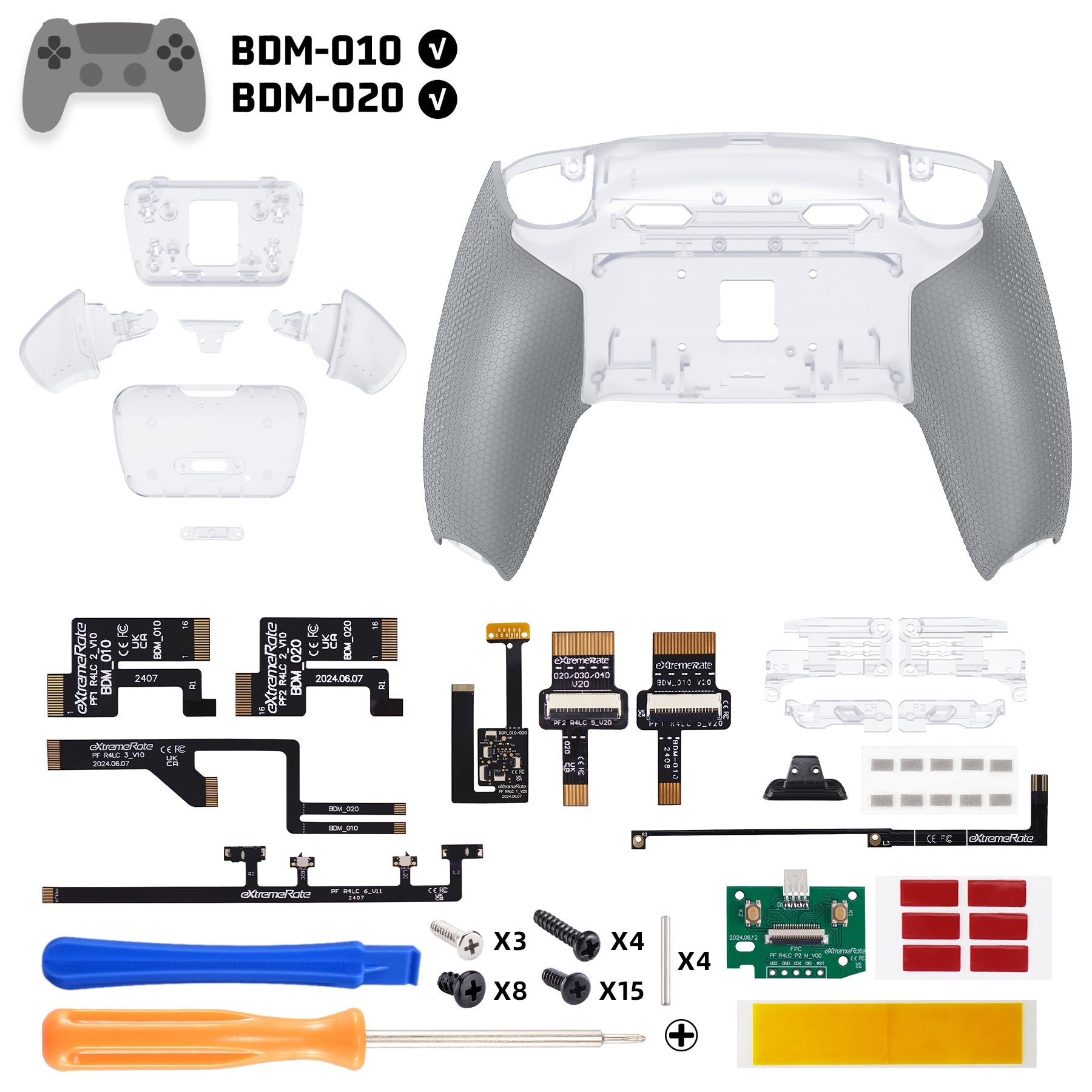 eXtremeRate RISE Plus MAX Back Paddles Kit with Clicky Trigger Stops & Rubberized Grip for PS5 Controller BDM-010/020 - Rubberized Clear & Gray eXtremeRate