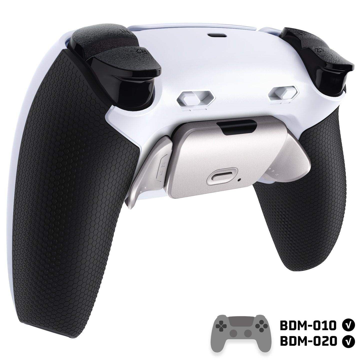 eXtremeRate Real Metal Buttons (RMB) Version RISE Plus MAX Back Paddles Kit with Clicky Trigger Stops & Rubberized Grip for PS5 Controller BDM-010/020 - White Black - Silver