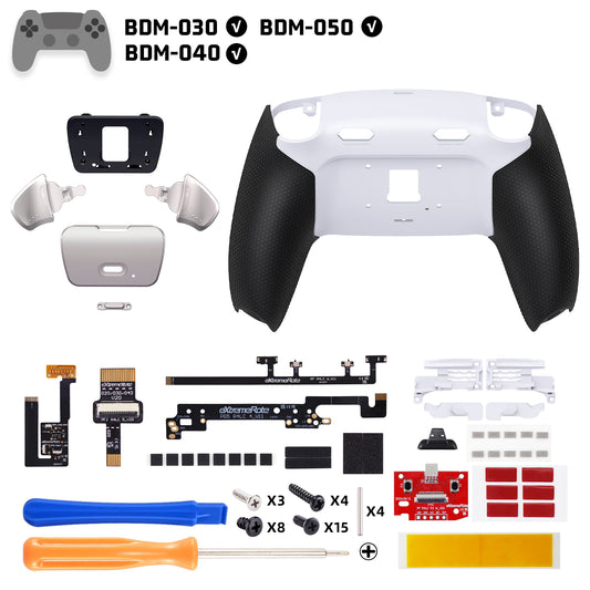 eXtremeRate Real Metal Buttons (RMB) Version RISE Plus MAX Back Paddles Kit with Clicky Trigger Stops & Rubberized Grip for PS5 Controller BDM-030/040/050 - White Black - Silver