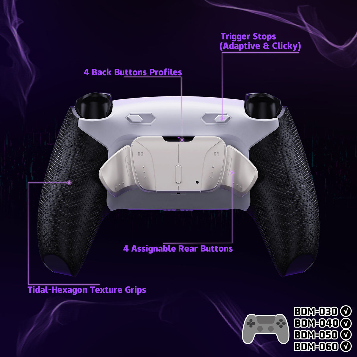 eXtremeRate Real Metal Buttons (RMB) Version RISE4 Plus MAX Back Paddles Kit with Clicky Trigger Stops & Rubberized Grip for PS5 Controller BDM-030/040/050/060 - White Black - Silver