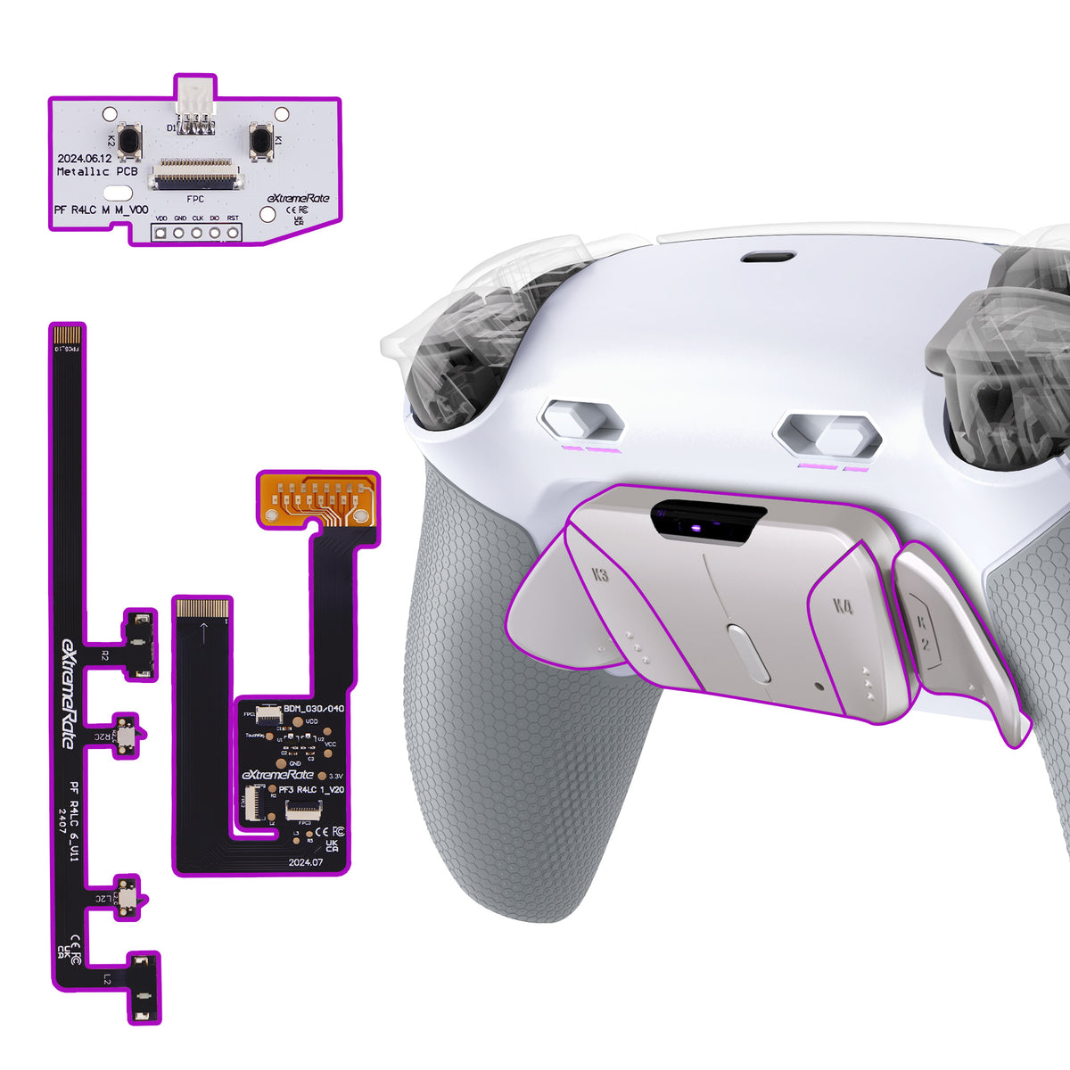 eXtremeRate Real Metal Buttons (RMB) Version RISE4 Plus MAX Back Paddles Kit with Clicky Trigger Stops & Rubberized Grip for PS5 Controller BDM-030/040/050/060 - White Gray - Silver