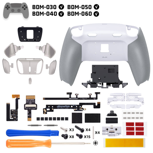eXtremeRate Real Metal Buttons (RMB) Version RISE4 Plus MAX Back Paddles Kit with Clicky Trigger Stops & Rubberized Grip for PS5 Controller BDM-030/040/050/060 - White Gray - Silver