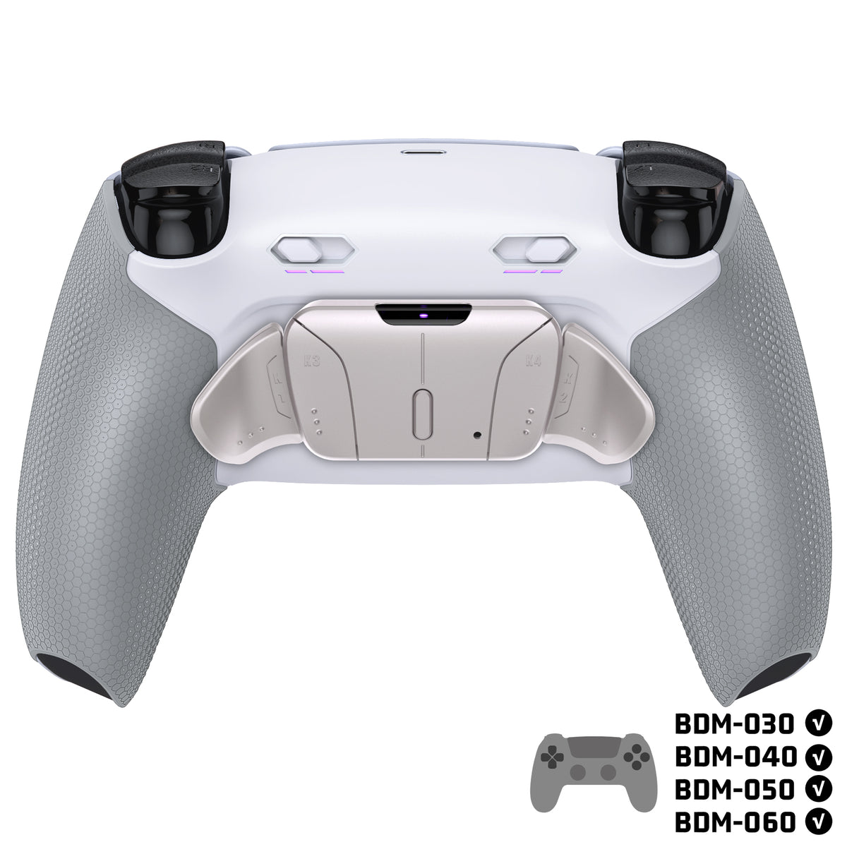 eXtremeRate Real Metal Buttons (RMB) Version RISE4 Plus MAX Back Paddles Kit with Clicky Trigger Stops & Rubberized Grip for PS5 Controller BDM-030/040/050/060 - White Gray - Silver