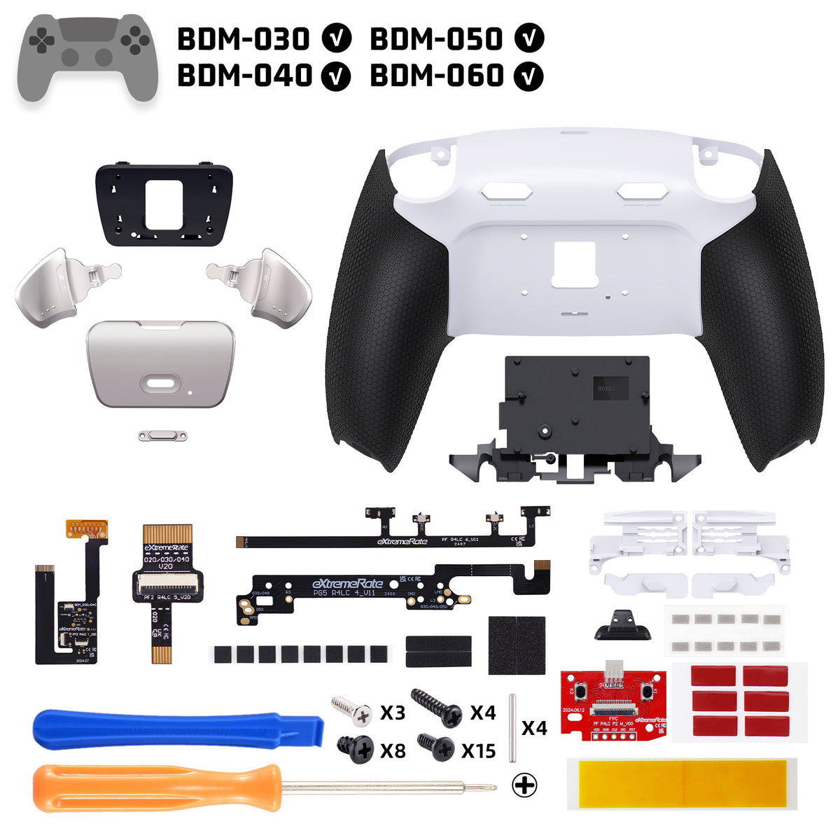 eXtremeRate Real Metal Buttons (RMB) Version RISE Plus MAX Back Paddles Kit with Clicky Trigger Stops & Rubberized Grip for PS5 Controller BDM-030/040/050/060 - White Black - Silver