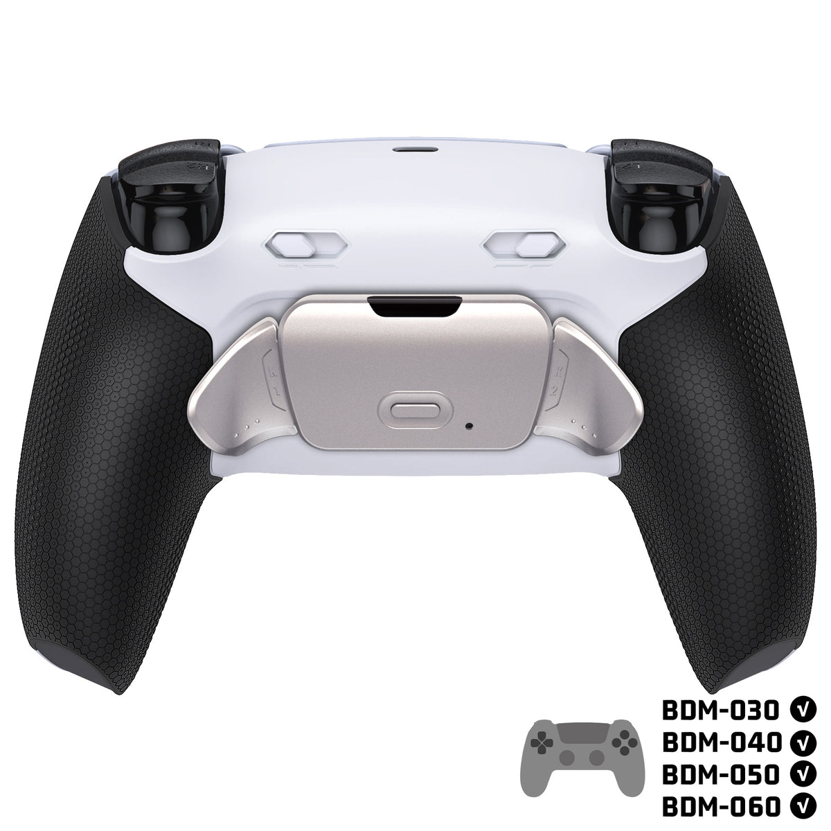 eXtremeRate Real Metal Buttons (RMB) Version RISE Plus MAX Back Paddles Kit with Clicky Trigger Stops & Rubberized Grip for PS5 Controller BDM-030/040/050/060 - White Black - Silver
