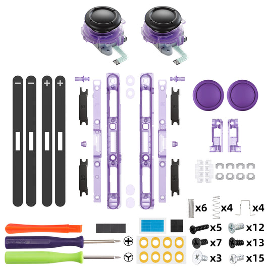 eXtremeRate Replacement 3D Joystick & Thumb Grips & Side Rail Shell Buttons for Nintendo Switch 2 JoyCon - Clear Atomic Purple