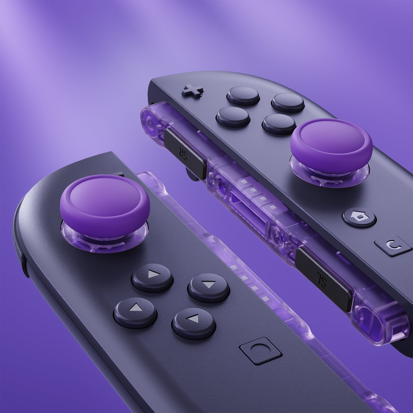 eXtremeRate Replacement 3D Joystick & Thumb Grips & Side Rail Shell Buttons for Nintendo Switch 2 JoyCon - Clear Atomic Purple