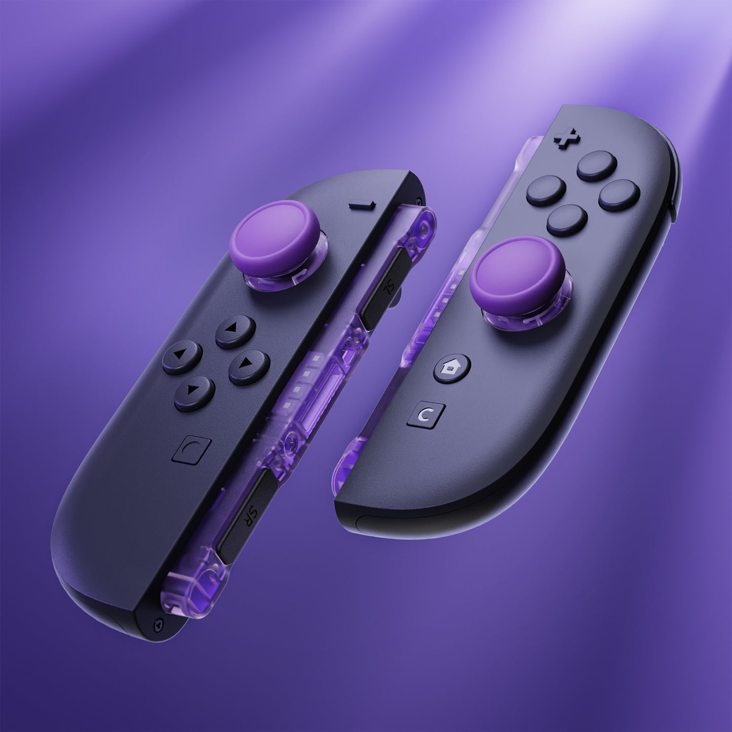 eXtremeRate Replacement 3D Joystick & Thumb Grips & Side Rail Shell Buttons for Nintendo Switch 2 JoyCon - Clear Atomic Purple