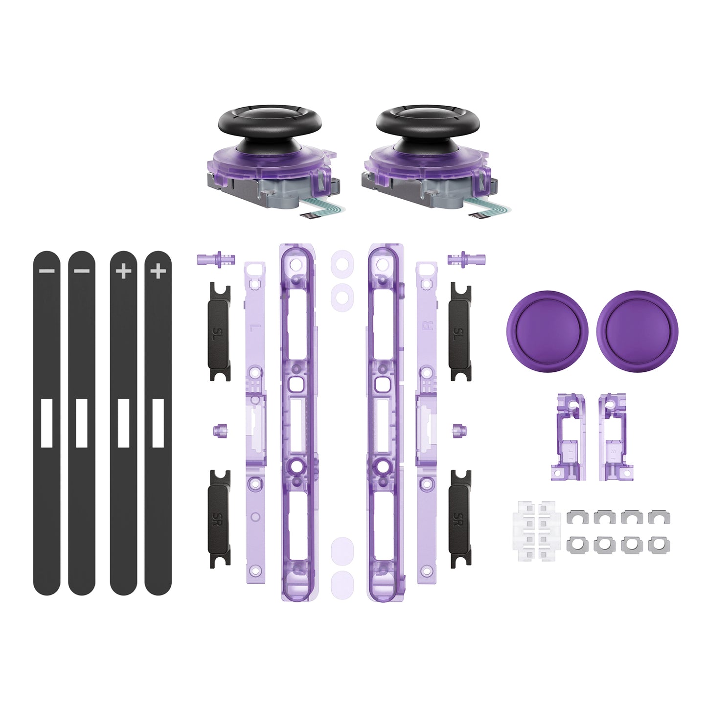 eXtremeRate Replacement 3D Joystick & Thumb Grips & Side Rail Shell Buttons for Nintendo Switch 2 JoyCon - Clear Atomic Purple