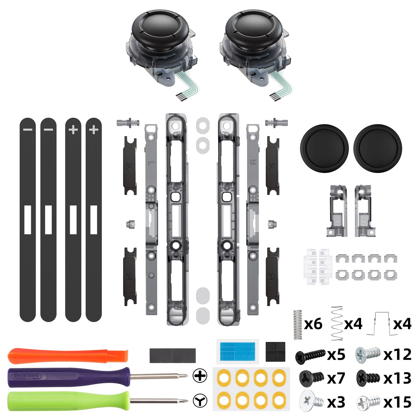 eXtremeRate Replacement 3D Joystick & Thumb Grips & Side Rail Shell Buttons for Nintendo Switch 2 JoyCon - Clear Slate Black