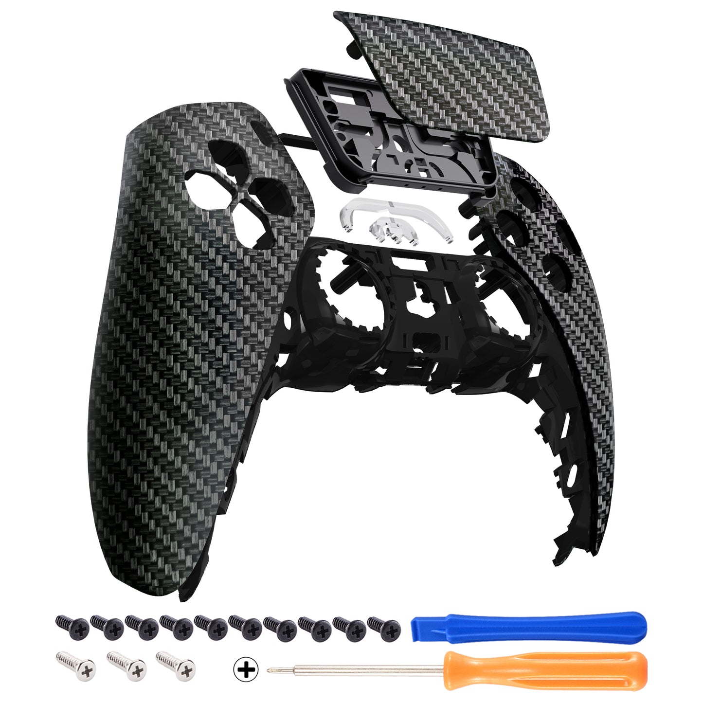 eXtremeRate Replacement Front Housing Shell with Touchpad Compatible with PS5 Controller BDM-010/020/030/040/050/060 - Black Silver Carbon Fiber