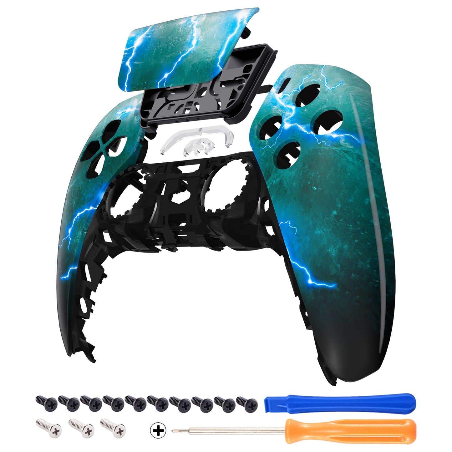 eXtremeRate Replacement Front Housing Shell with Touchpad Compatible with PS5 Controller BDM-010/020/030/040/050 - Green Storm Thunder