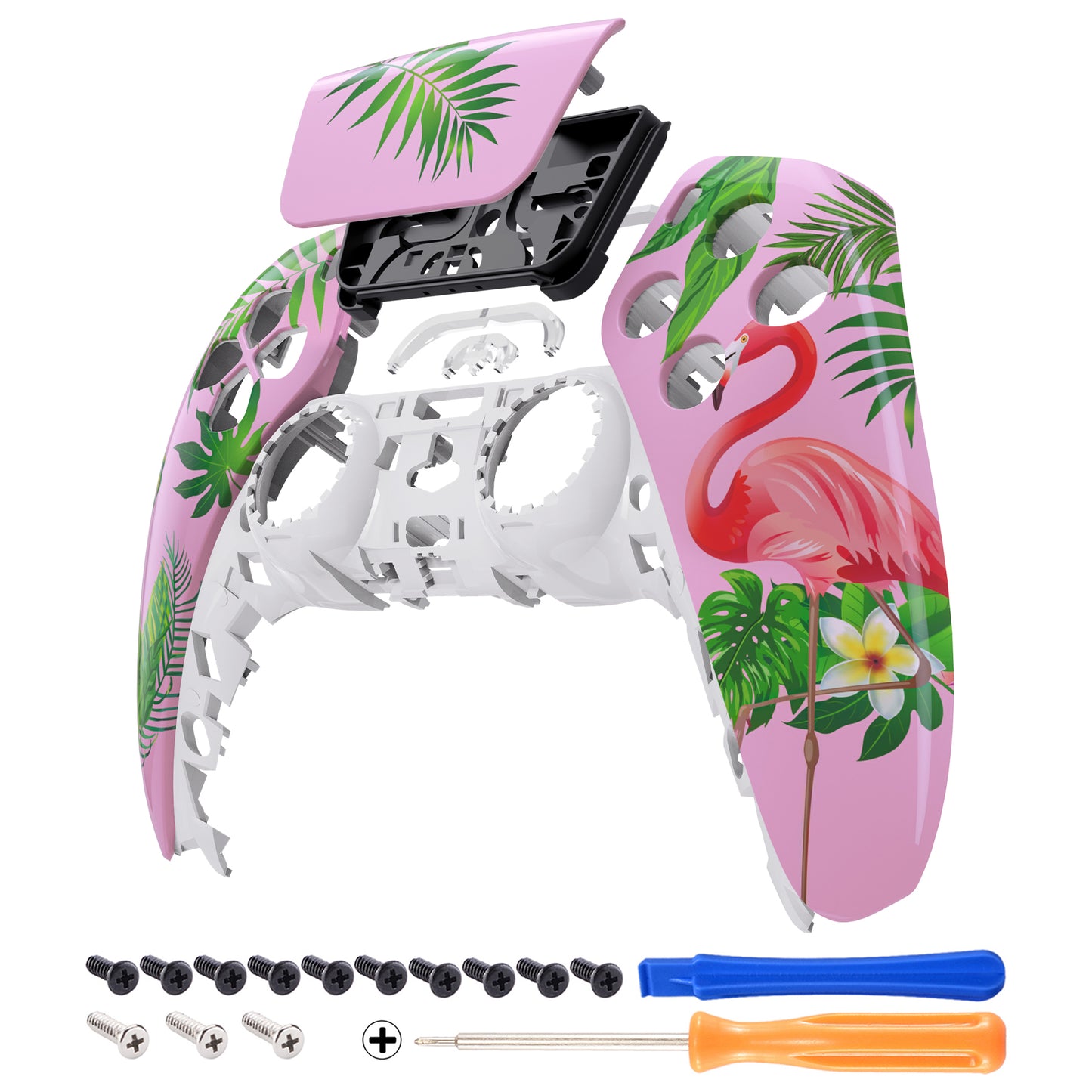 eXtremeRate Replacement Front Housing Shell with Touchpad Compatible with PS5 Controller BDM-010/020/030/040/050 - Tropical Flamingo