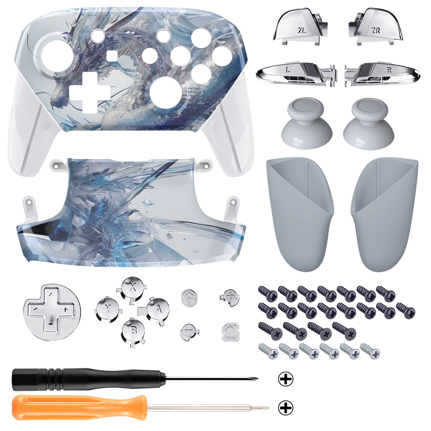 eXtremeRate Replacement Full Set Shell Faceplate Backplate Handles with Button Kit for Nintendo Switch Pro - Crystal Dragon