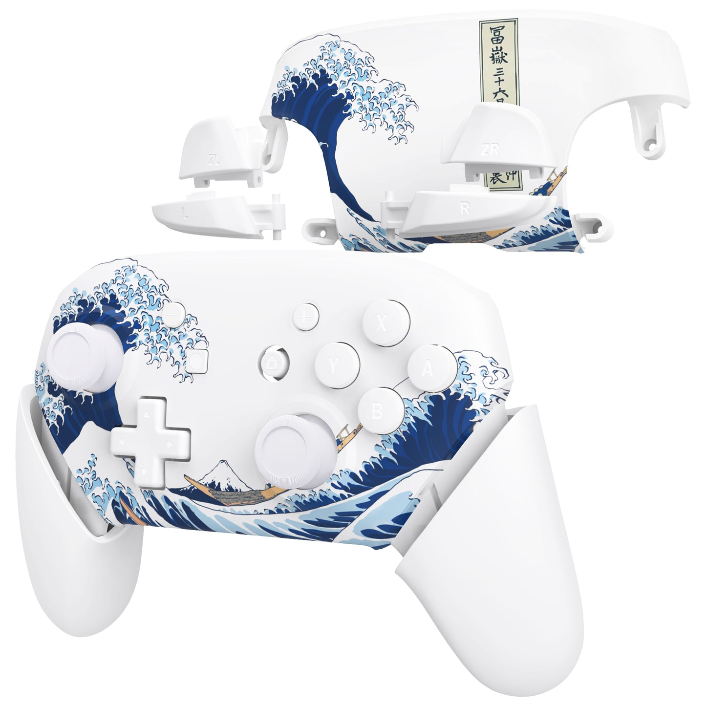 eXtremeRate Replacement Full Set Shell Faceplate Backplate Handles with Button Kit for Nintendo Switch Pro - The Great Wave Off Kanagawa
