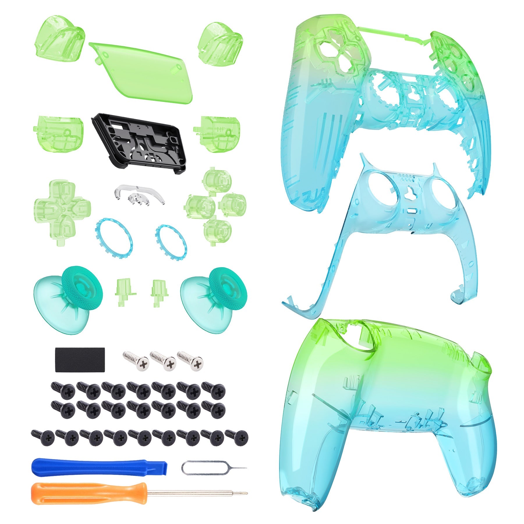 eXtremeRate Replacement Full Set Shells with Buttons Compatible with PS5 Controller BDM-030/040/050 - Gradient Translucent Green Blue eXtremeRate