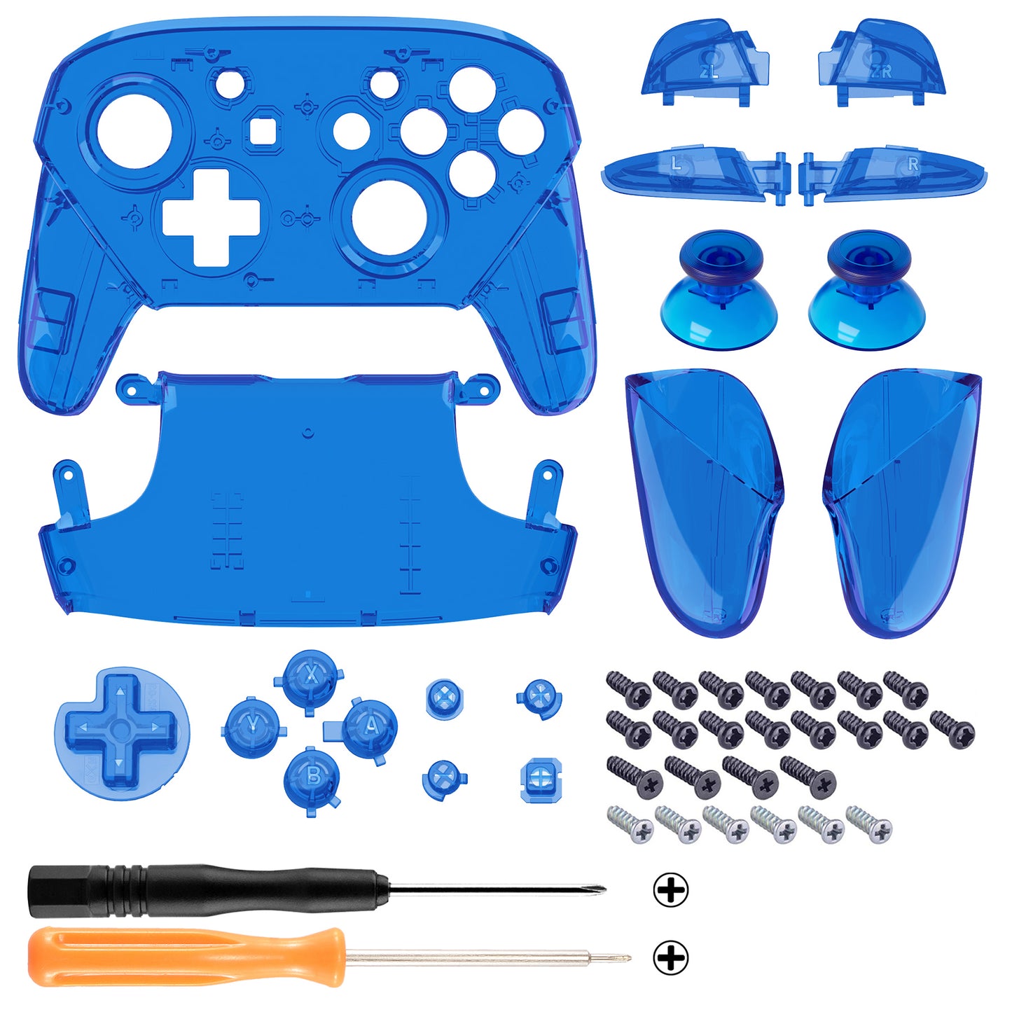 eXtremeRate Replacement Full Set Shell Faceplate Backplate Handles with Button Kit for Nintendo Switch Pro - Crystal Clear Blue