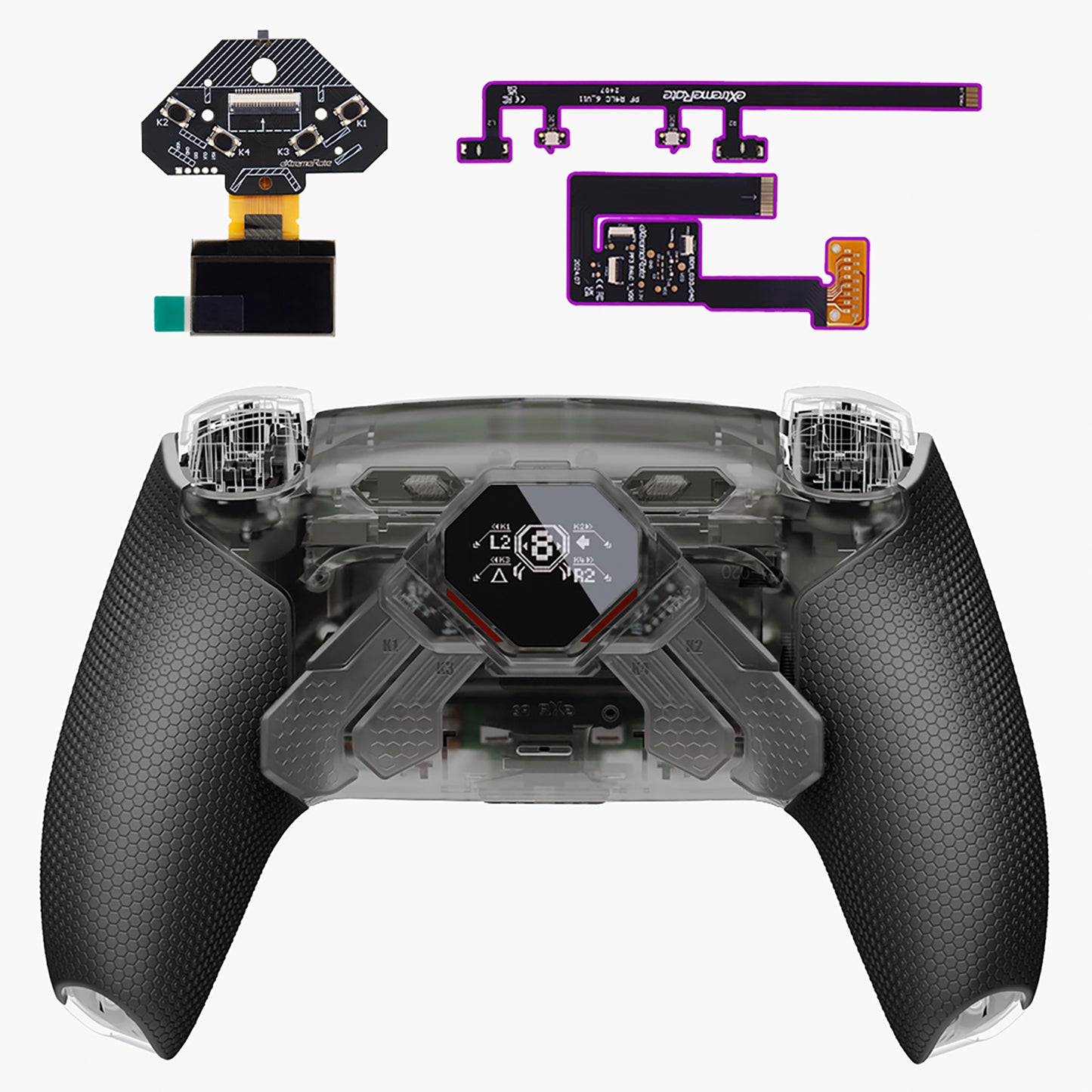 eXtremeRate SPARK Back Paddles Kit with OLED Display & Clicky Trigger Stops & Ergonomic Grips for PS5 Controller BDM-010/020 - Rubberized Clear & Black