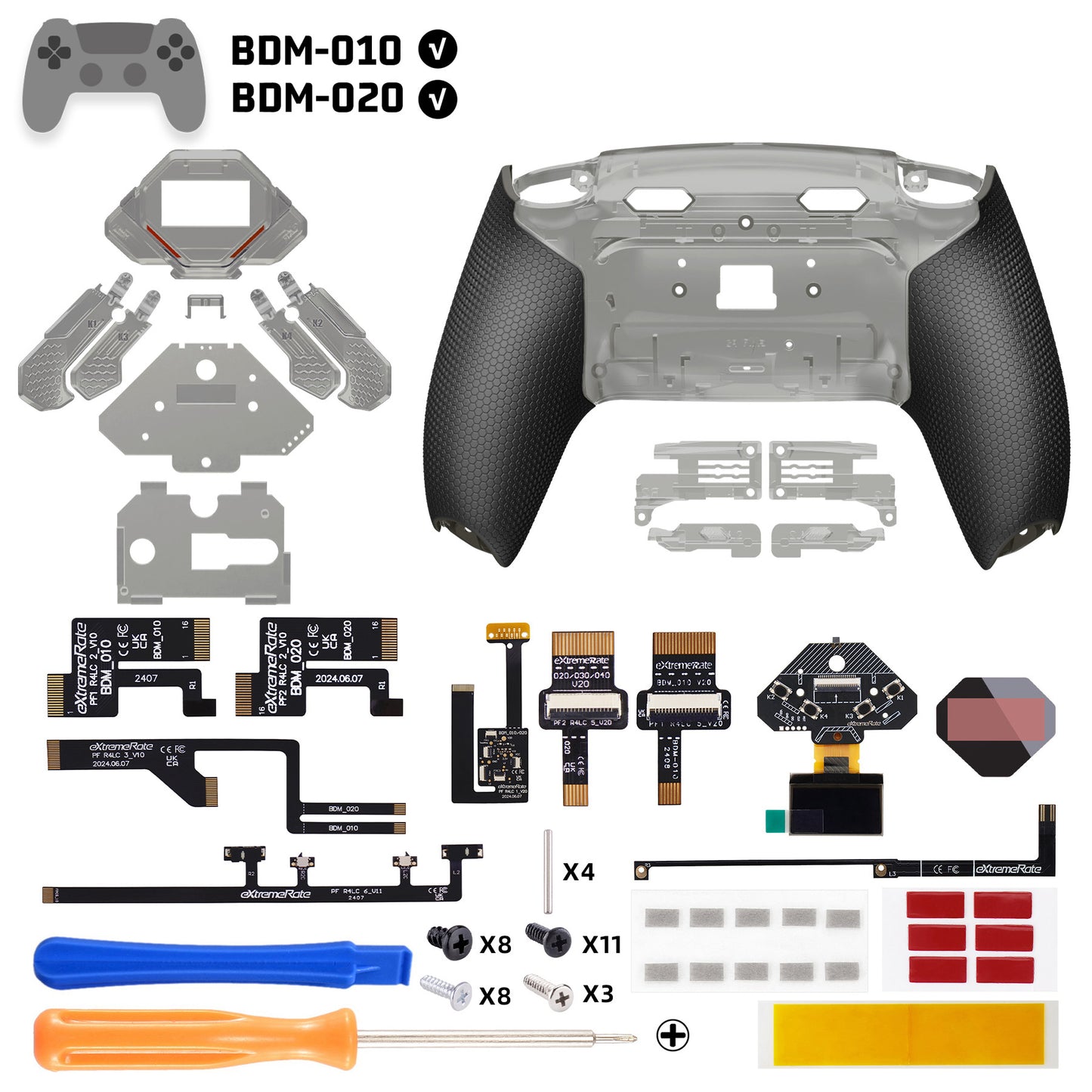 eXtremeRate SPARK Back Paddles Kit with OLED Display & Clicky Trigger Stops & Ergonomic Grips for PS5 Controller BDM-010/020 - Rubberized Clear & Black
