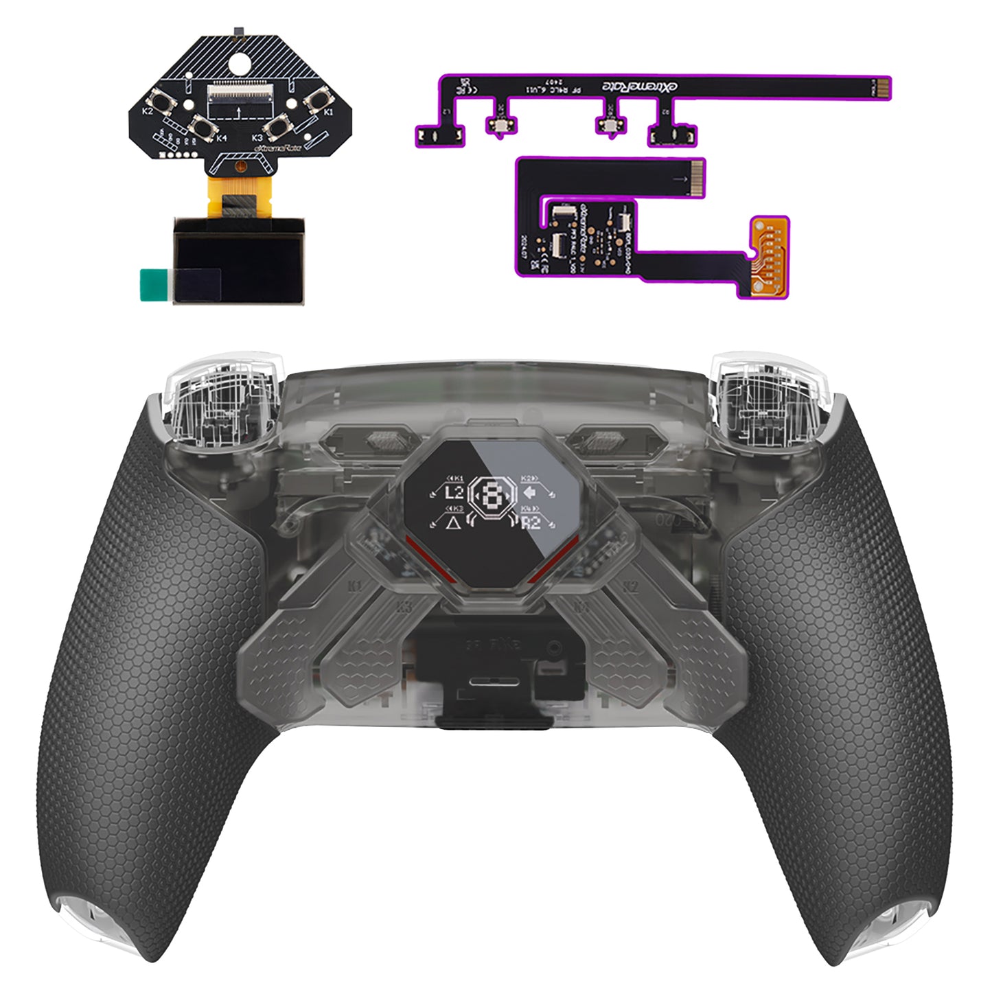 eXtremeRate SPARK Back Paddles Kit with OLED Display & Clicky Trigger Stops & Ergonomic Grips for PS5 Controller BDM-030/040/050/060 - Rubberized Clear Black