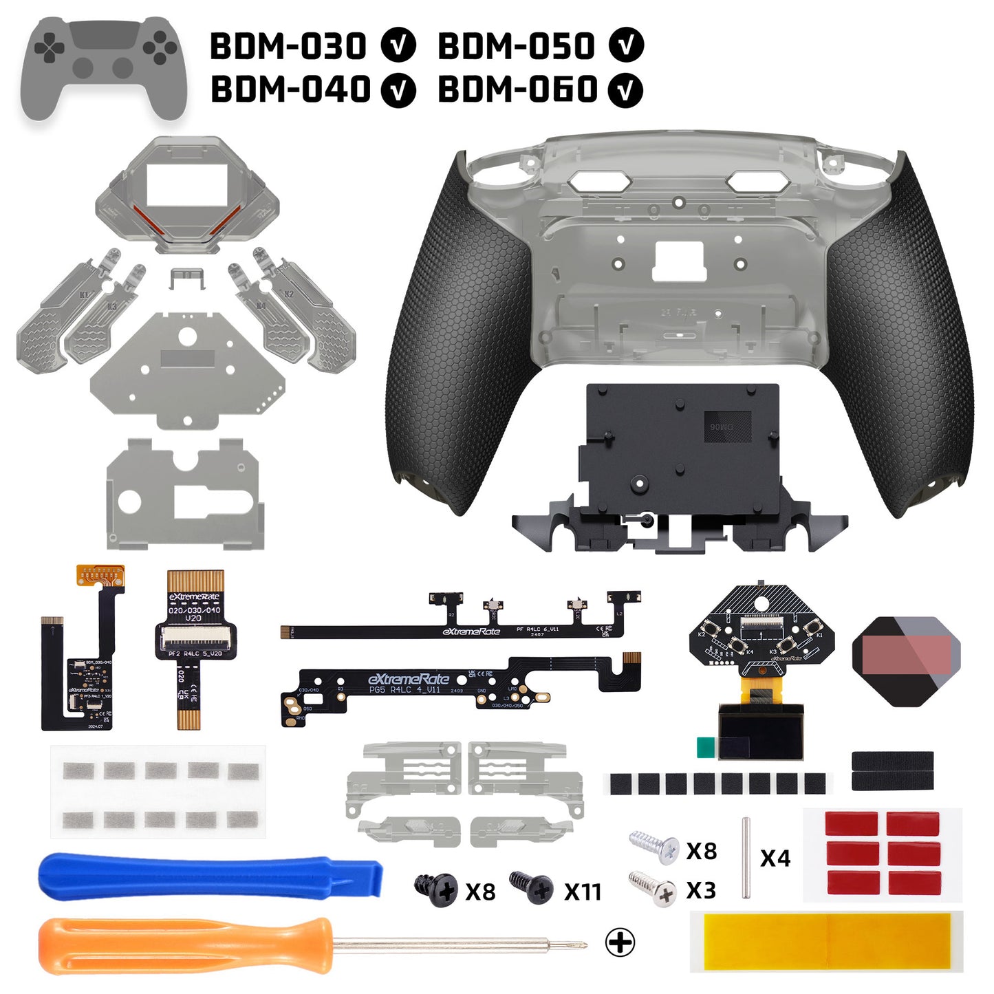 eXtremeRate SPARK Back Paddles Kit with OLED Display & Clicky Trigger Stops & Ergonomic Grips for PS5 Controller BDM-030/040/050/060 - Rubberized Clear Black