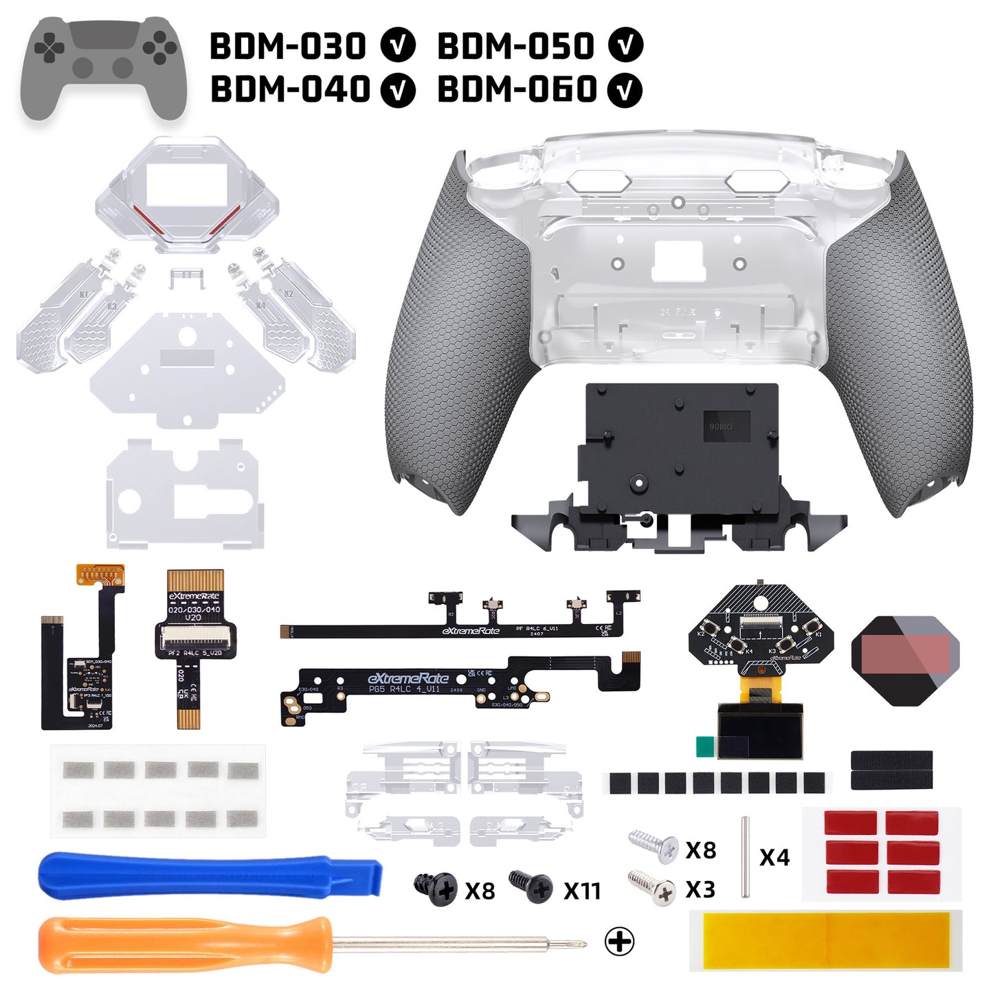 eXtremeRate SPARK Back Paddles Kit with OLED Display & Clicky Trigger Stops & Ergonomic Grips for PS5 Controller BDM-030/040/050/060 - Rubberized Clear & Gray