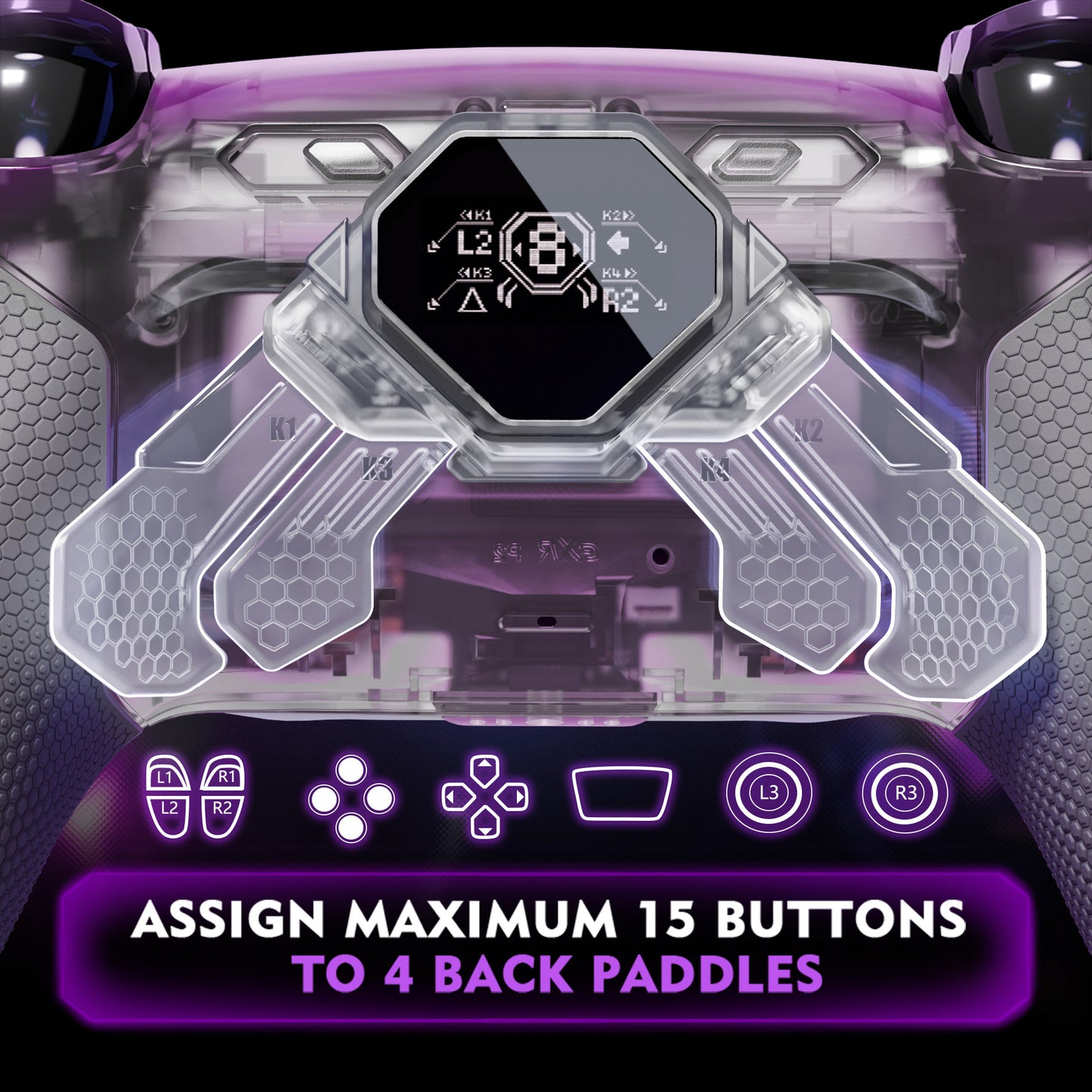 eXtremeRate SPARK Back Paddles Kit with OLED Display & Clicky Trigger Stops & Ergonomic Grips for PS5 Controller BDM-030/040/050/060 - Rubberized Clear & Gray