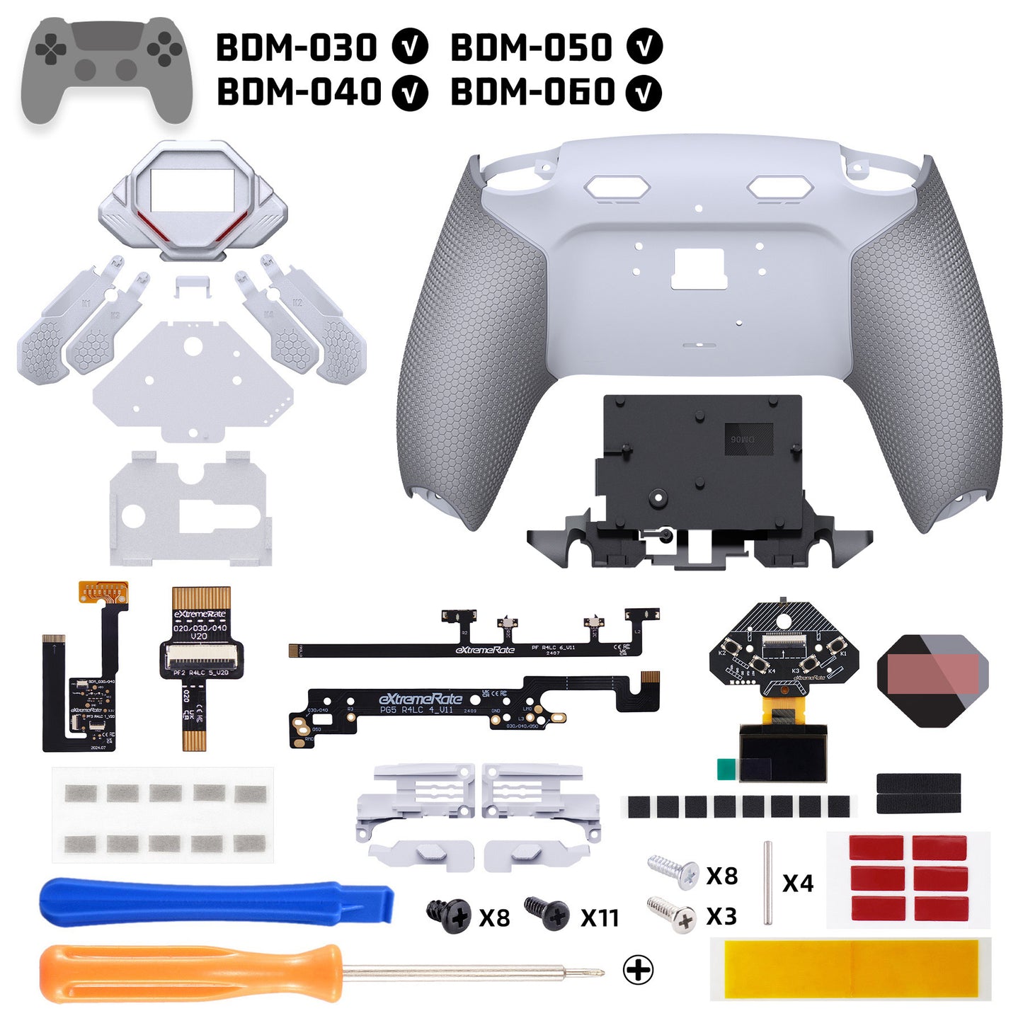 eXtremeRate SPARK Back Paddles Kit with OLED Display & Clicky Trigger Stops & Ergonomic Grips for PS5 Controller BDM-030/040/050/060 - Rubberized White & Gray