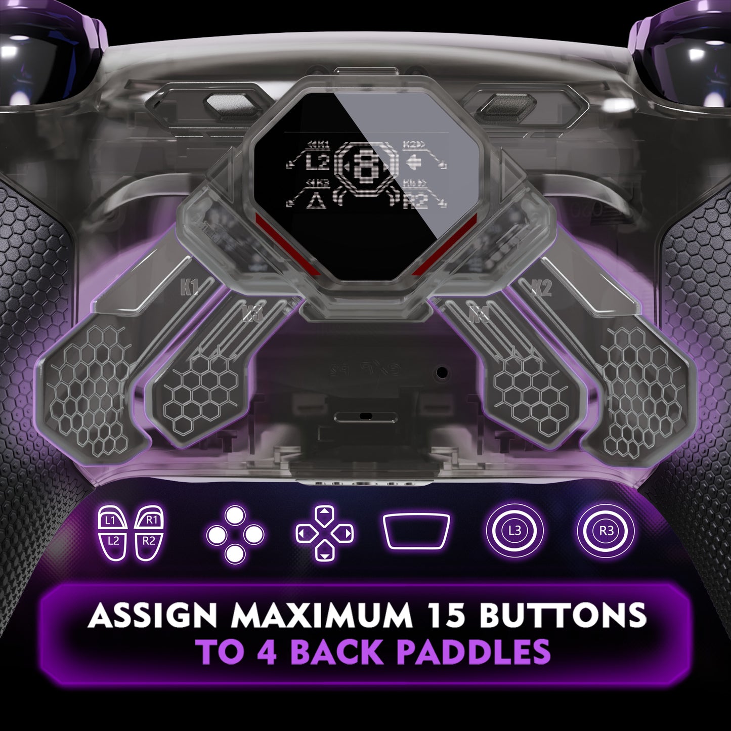 eXtremeRate SPARK Back Paddles Kit with OLED Display & Clicky Trigger Stops & Ergonomic Grips for PS5 Controller BDM-030/040/050 - Rubberized Clear Black