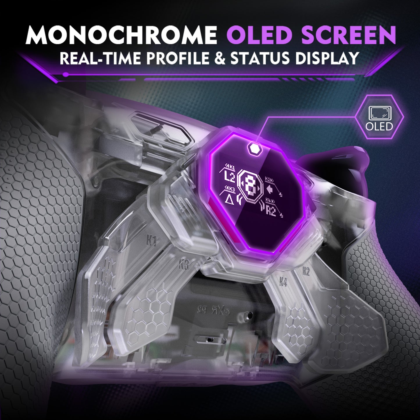 eXtremeRate SPARK Back Paddles Kit with OLED Display & Clicky Trigger Stops & Ergonomic Grips for PS5 Controller BDM-030/040/050 - Rubberized Clear & Gray