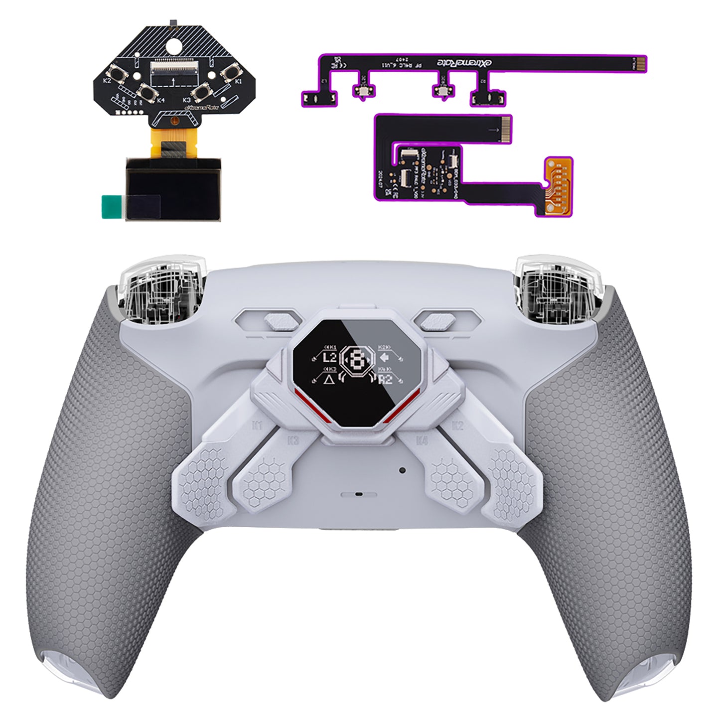 eXtremeRate SPARK Back Paddles Kit with OLED Display & Clicky Trigger Stops & Ergonomic Grips for PS5 Controller BDM-030/040/050 - Rubberized White & Gray