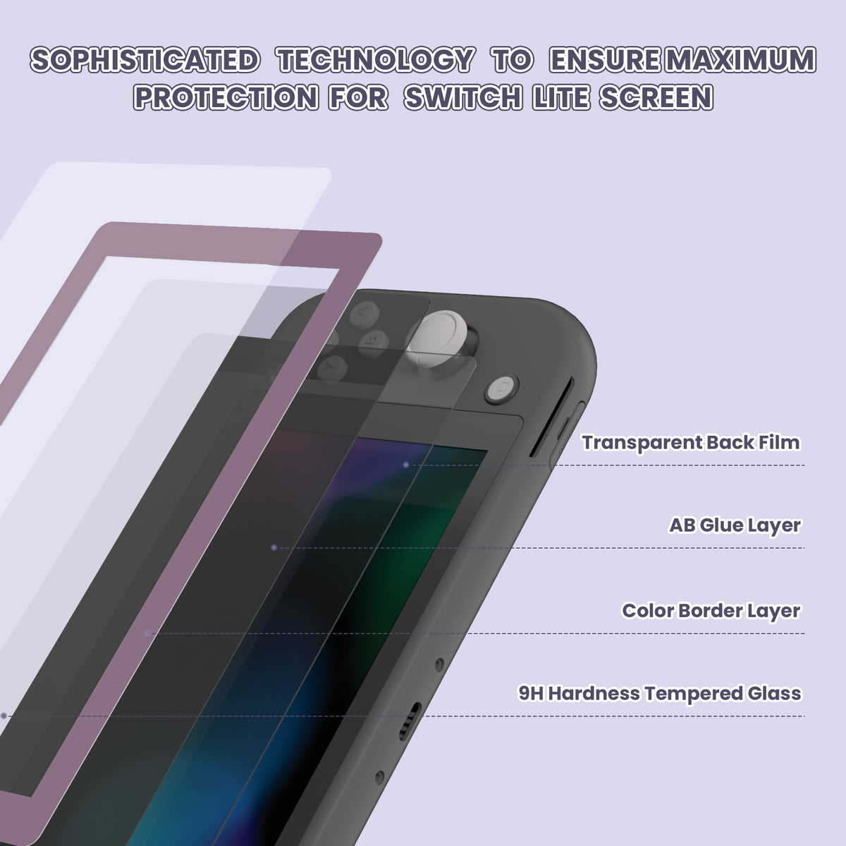 eXtremeRate 2 Pack Anti-Scratch Transparent HD Tempered Glass Screen Protector for Nintendo Switch Lite - Dark Grayish Violet Border