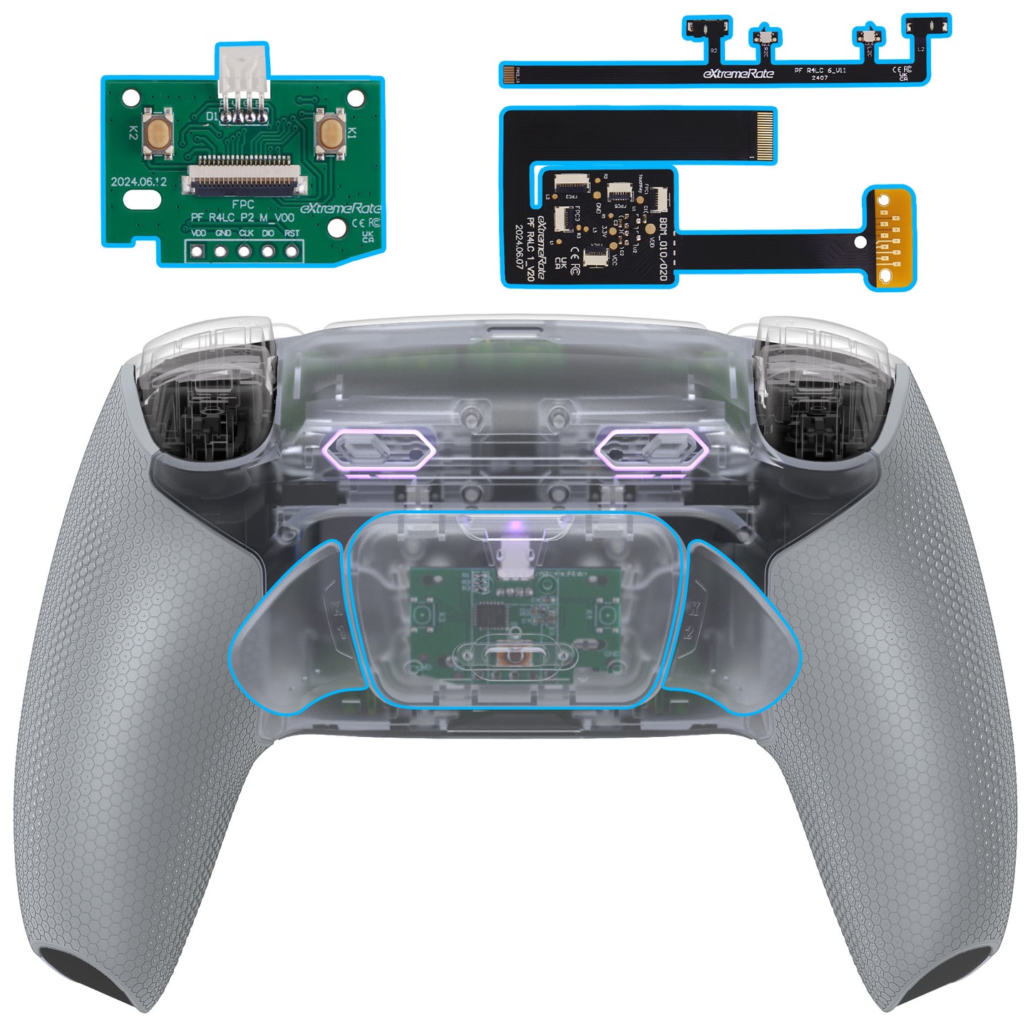 eXtremeRate RISE Plus MAX Back Paddles Kit with Clicky Trigger Stops & Rubberized Grip for PS5 Controller BDM-010/020 - Clear & Gray