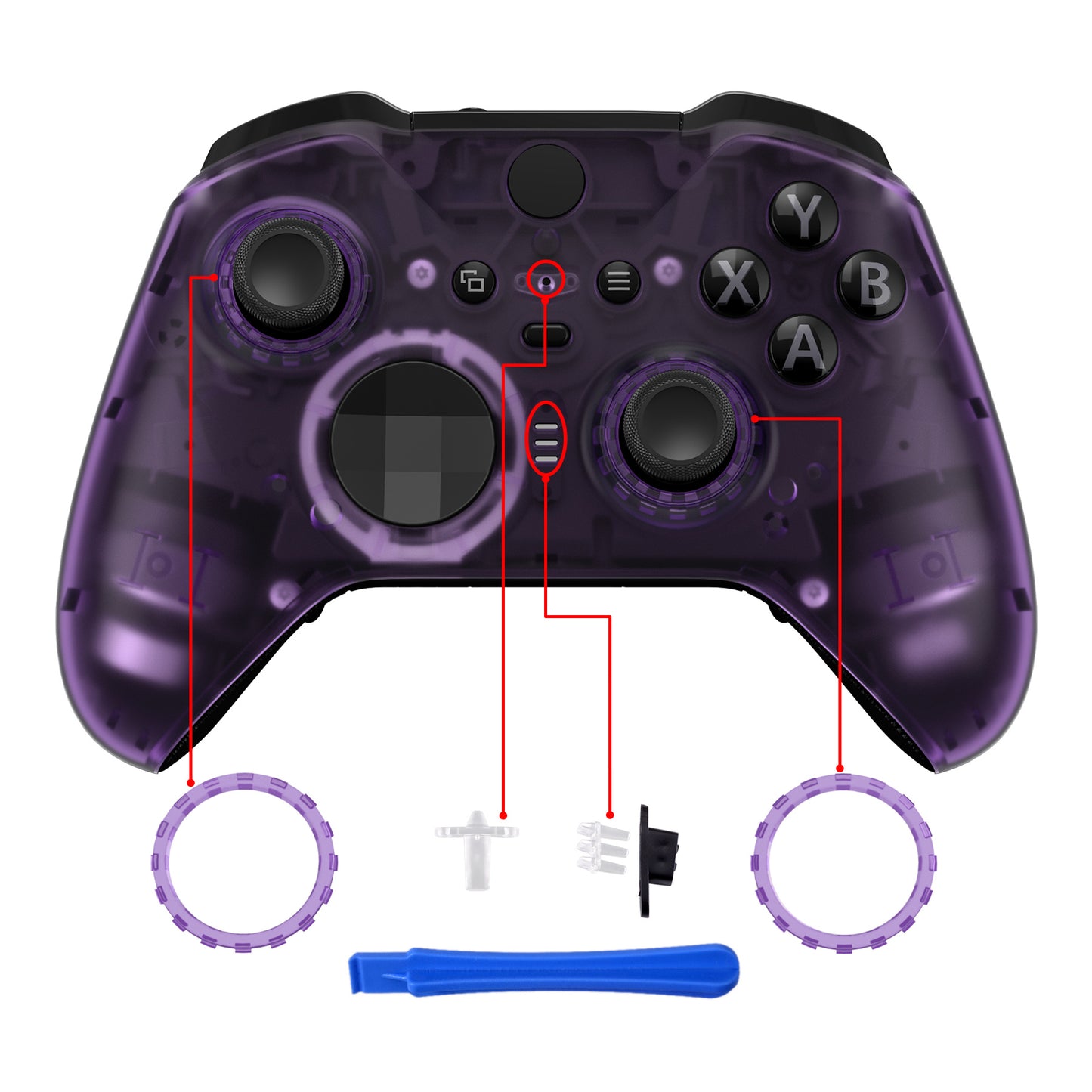 eXtremeRate Replacement Front Housing Shell Case with Accent Rings for Xbox One Elite Series 2 & Elite 2 Core Controller (Model 1797) - Clear Atomic Purple