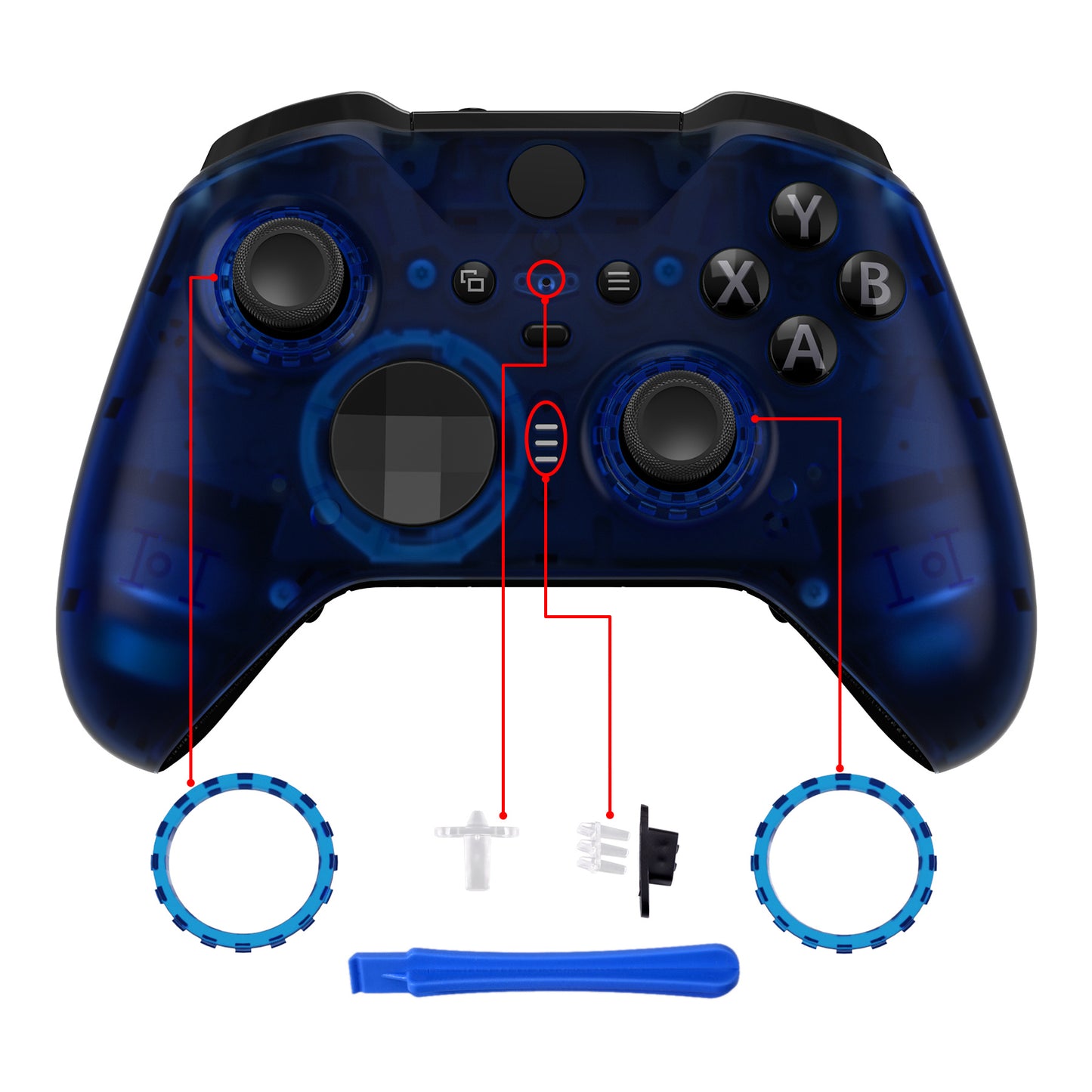 eXtremeRate Replacement Front Housing Shell Case with Accent Rings for Xbox One Elite Series 2 & Elite 2 Core Controller (Model 1797) - Clear Blue