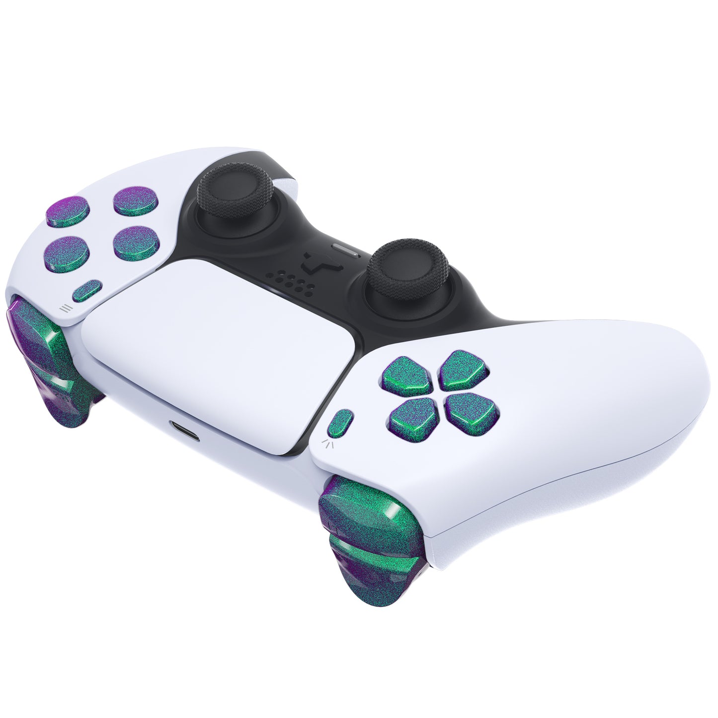 eXtremeRate Replacement Full Set Buttons Compatible with PS5 Controller BDM-010/020 - Chameleon Green Purple
