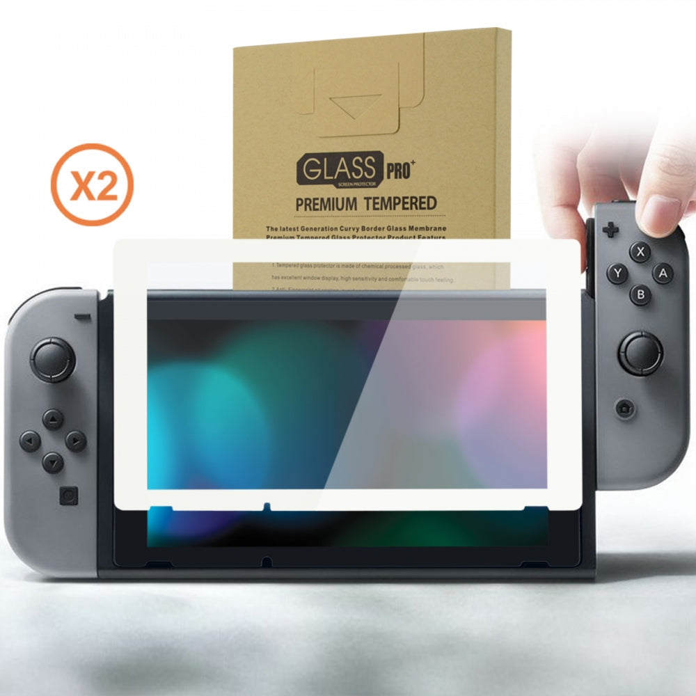 eXtremeRate Retail 2 Pack White Border Transparent HD Clear Saver Protector Film, Tempered Glass Screen Protector for Nintendo Switch [Anti-Scratch, Anti-Fingerprint, Shatterproof, Bubble-Free] - NSPJ0703