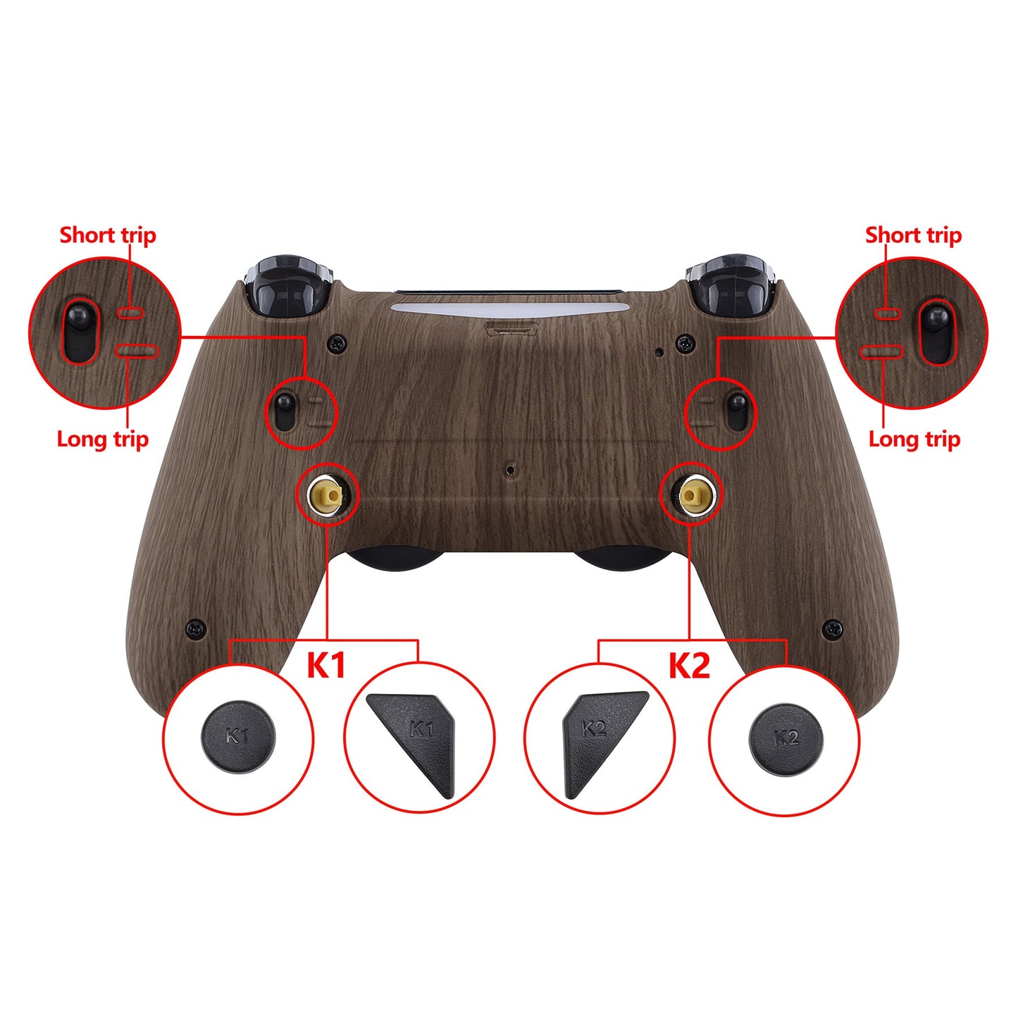 eXtremeRate Retail Wood Grain Dawn 2.0 FlashShot Trigger Stop Remap Kit for ps4 CUH-ZCT2 Controller, Part & Back Shell & 2 Back Buttons & 2 Trigger Lock for ps4 Controller JDM 040/050/055 - P4QS011
