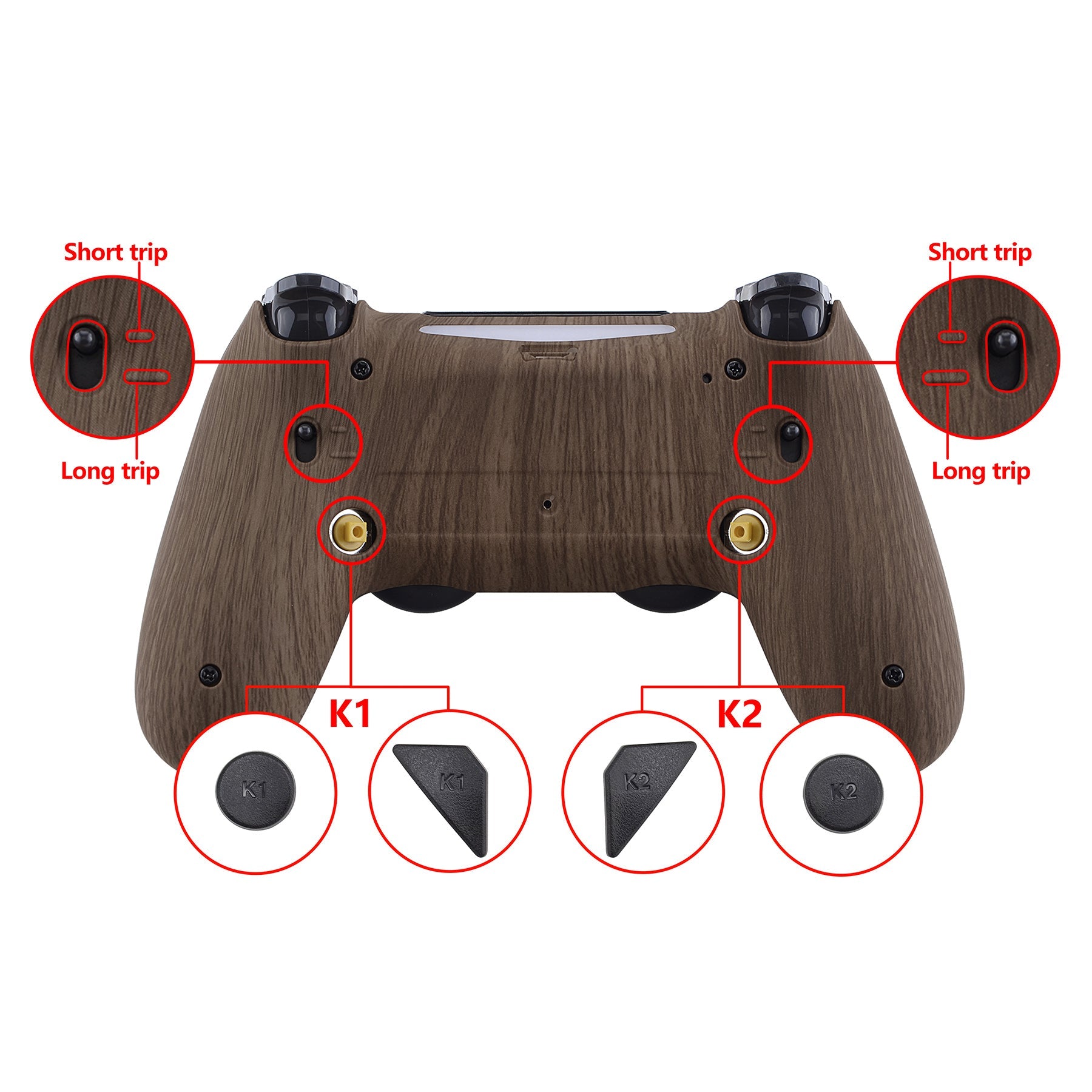 eXtremeRate Retail Wood Grain Dawn 2.0 FlashShot Trigger Stop Remap Kit for ps4 CUH-ZCT2 Controller, Part & Back Shell & 2 Back Buttons & 2 Trigger Lock for ps4 Controller JDM 040/050/055 - P4QS011