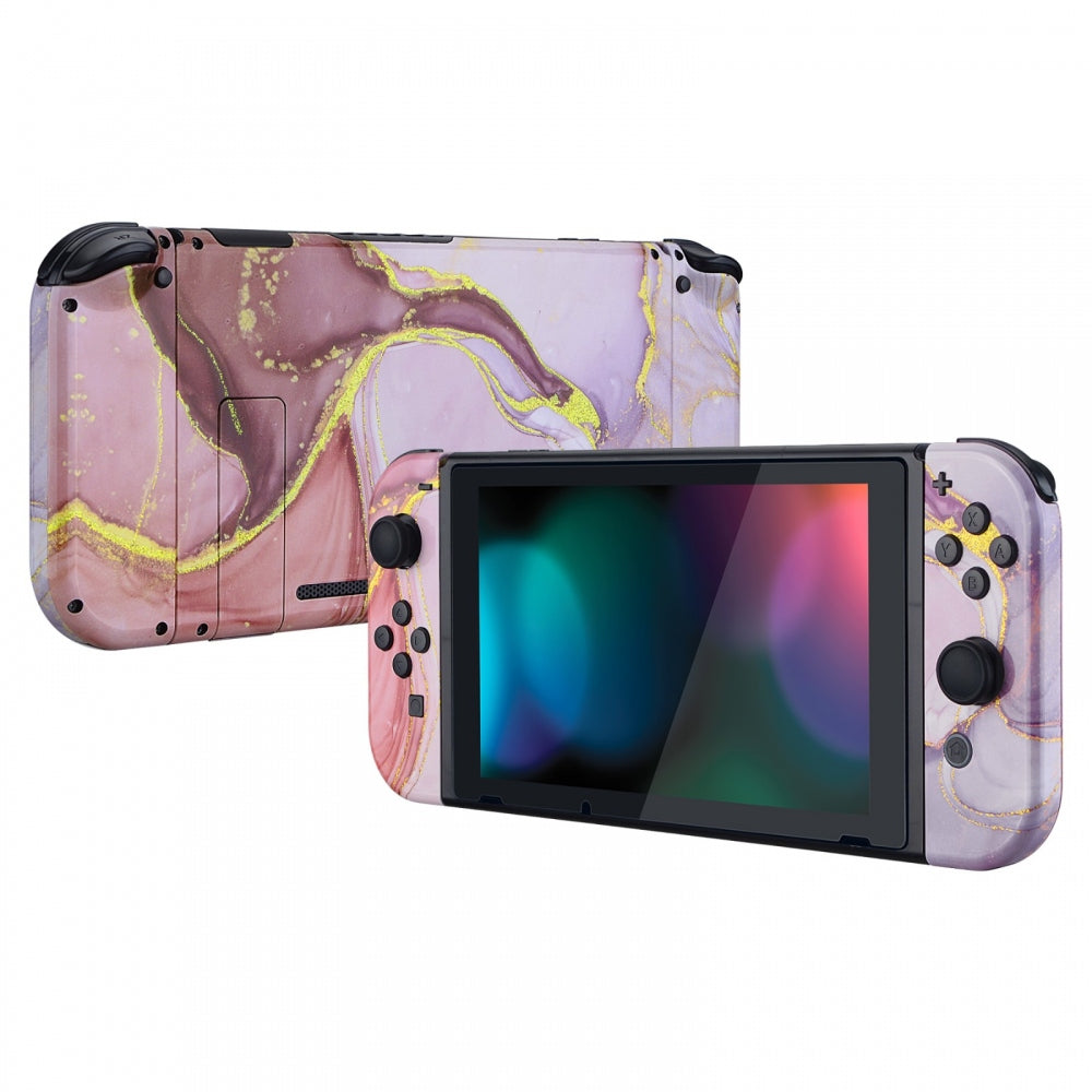 eXtremeRate Retail Back Plate for Nintendo Switch Console, NS Joycon Handheld Controller Housing with Full Set Buttons, Cosmic Pink Gold Marble Effect DIY Replacement Shell for Nintendo Switch - QT115