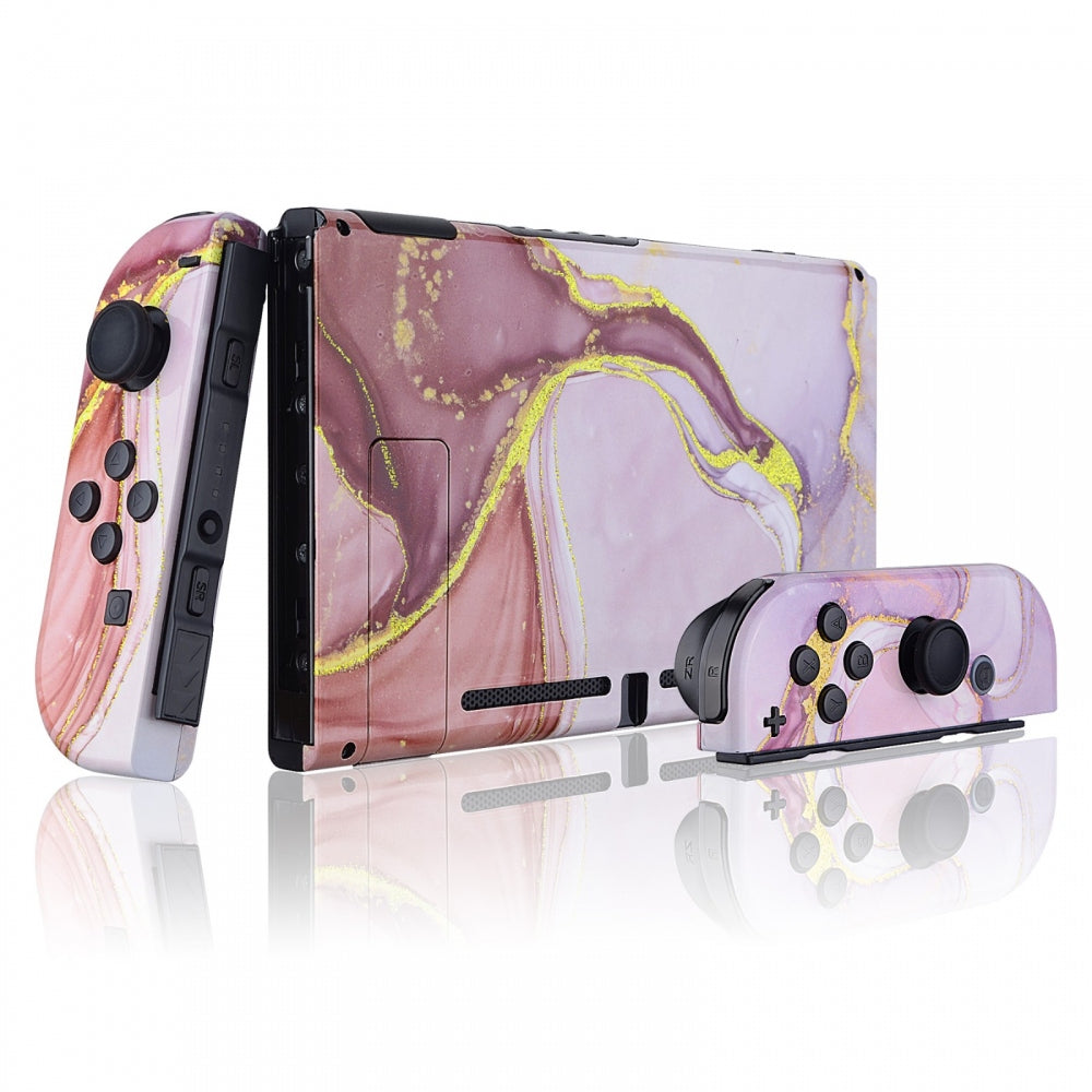 eXtremeRate Retail Back Plate for Nintendo Switch Console, NS Joycon Handheld Controller Housing with Full Set Buttons, Cosmic Pink Gold Marble Effect DIY Replacement Shell for Nintendo Switch - QT115
