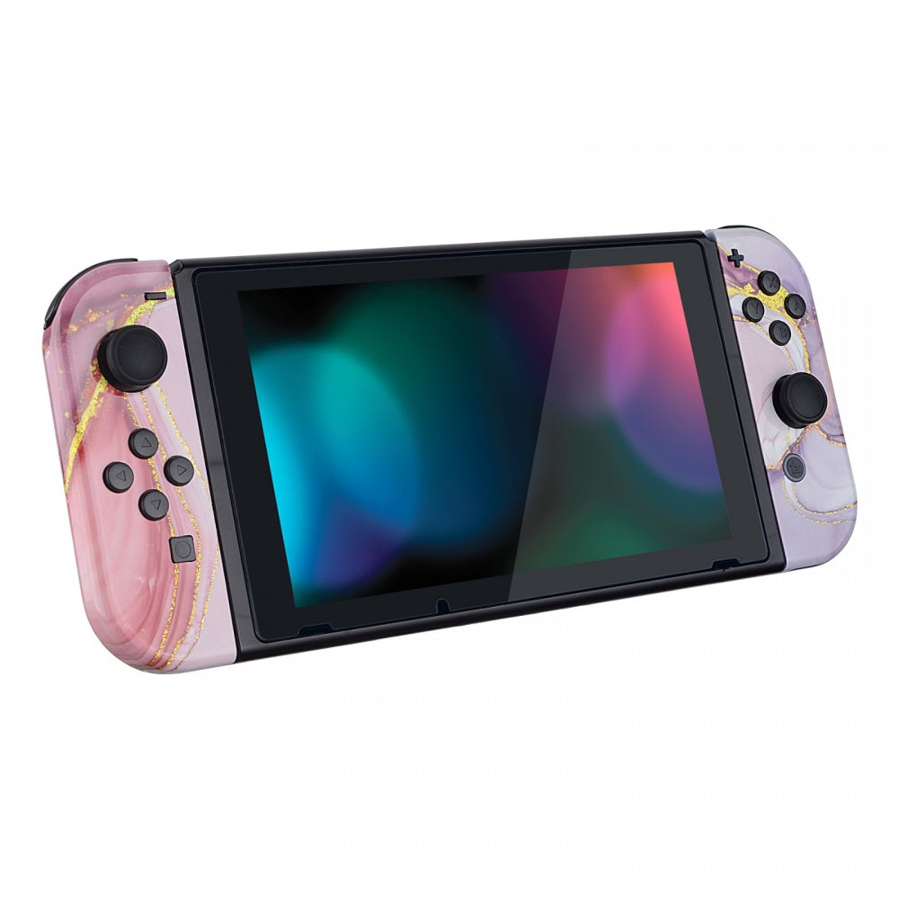 eXtremeRate Retail Back Plate for Nintendo Switch Console, NS Joycon Handheld Controller Housing with Full Set Buttons, Cosmic Pink Gold Marble Effect DIY Replacement Shell for Nintendo Switch - QT115