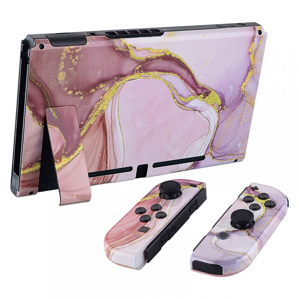 eXtremeRate Retail Back Plate for Nintendo Switch Console, NS Joycon Handheld Controller Housing with Full Set Buttons, Cosmic Pink Gold Marble Effect DIY Replacement Shell for Nintendo Switch - QT115