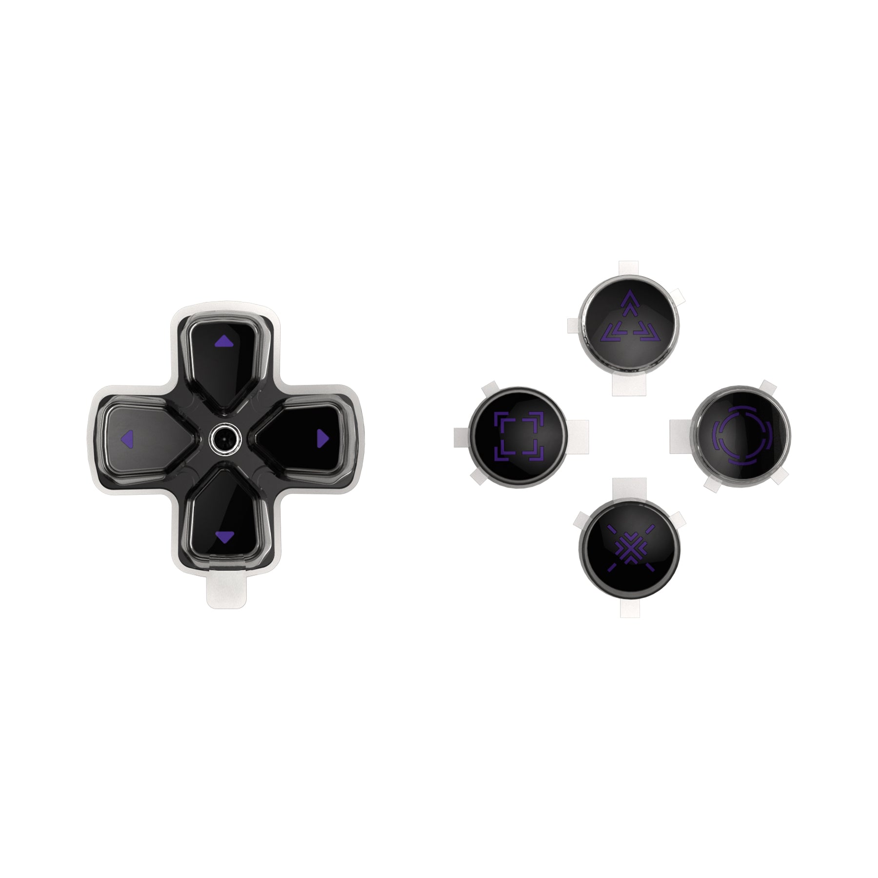 eXtremeRate Retail Replacement Custom Dpad Action Buttons Three-Tone Black & Clear With Black Purple Redesigned Symbols D-pad Face Buttons For ps5 Controller - JPFF006