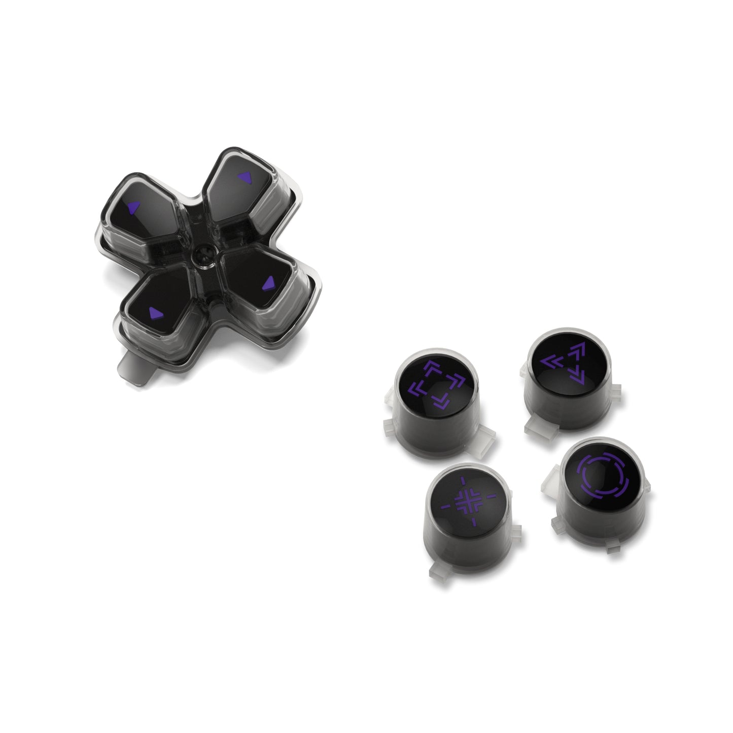 eXtremeRate Retail Replacement Custom Dpad Action Buttons Three-Tone Black & Clear With Black Purple Redesigned Symbols D-pad Face Buttons For ps5 Controller - JPFF006