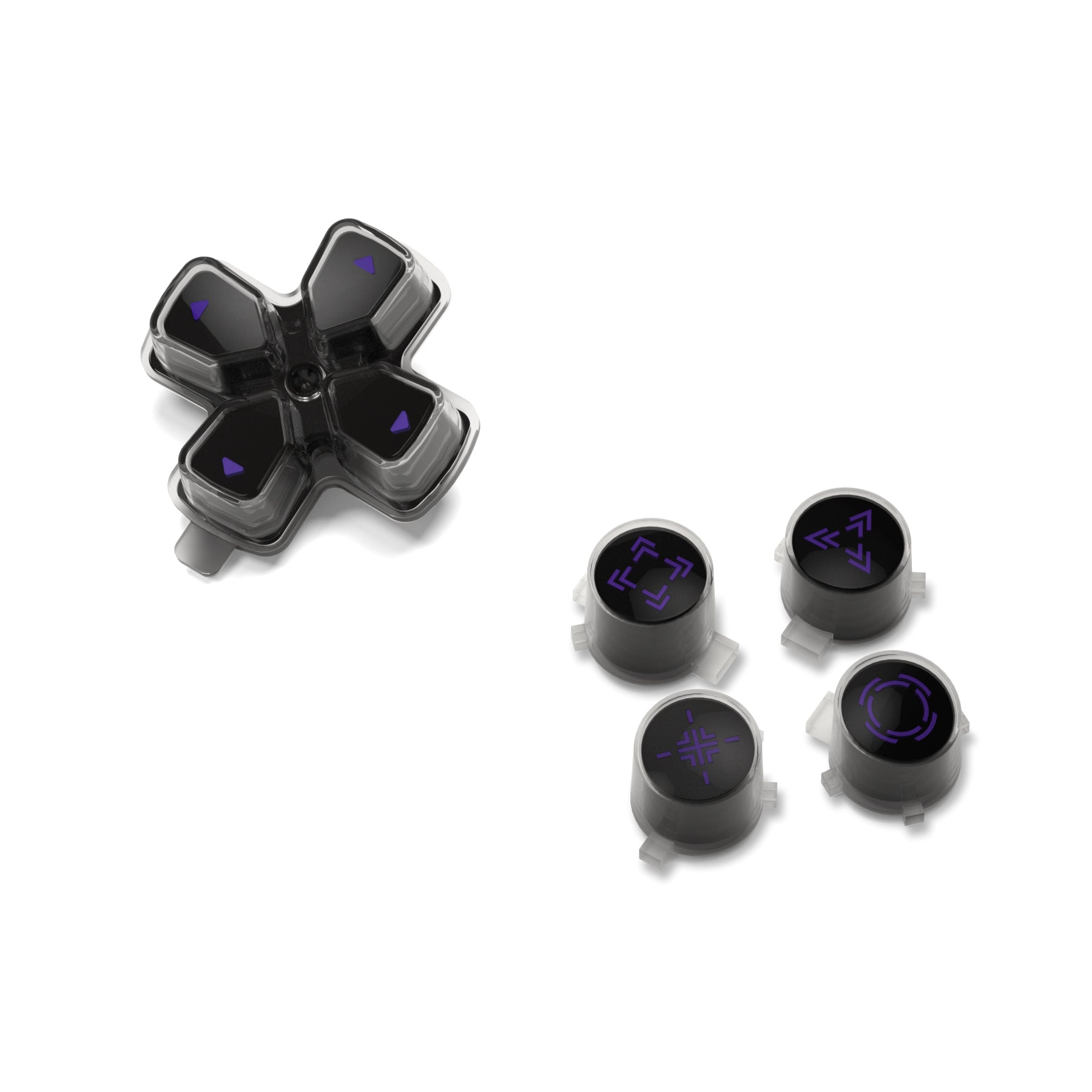 eXtremeRate Retail Replacement Custom Dpad Action Buttons Three-Tone Black & Clear With Black Purple Redesigned Symbols D-pad Face Buttons For ps5 Controller - JPFF006