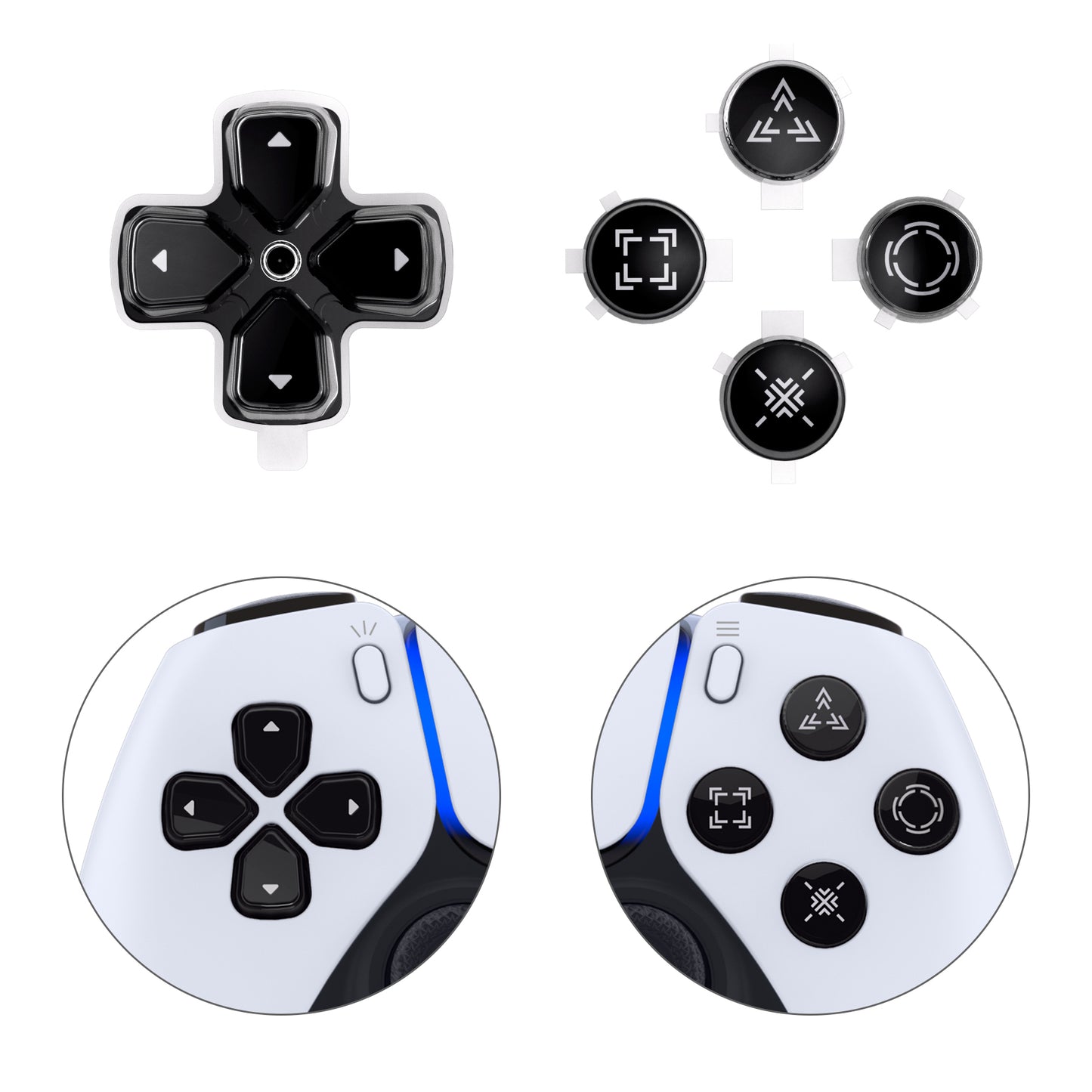eXtremeRate Retail Replacement Custom Dpad Action Buttons Three-Tone Black & Clear With Black White Redesigned Symbols D-pad Face Buttons For ps5 Controller - JPFF001