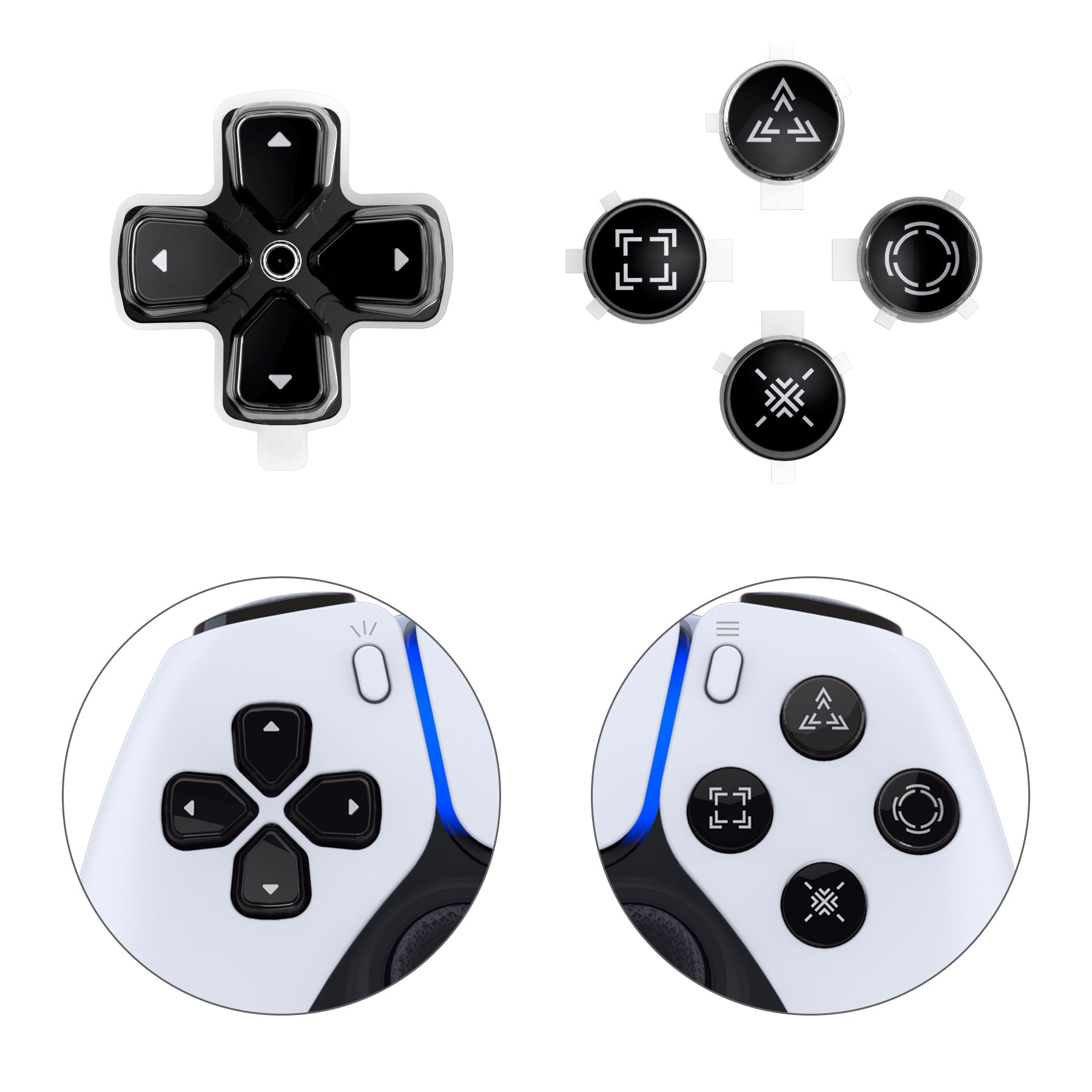 eXtremeRate Retail Replacement Custom Dpad Action Buttons Three-Tone Black & Clear With Black White Redesigned Symbols D-pad Face Buttons For ps5 Controller - JPFF001