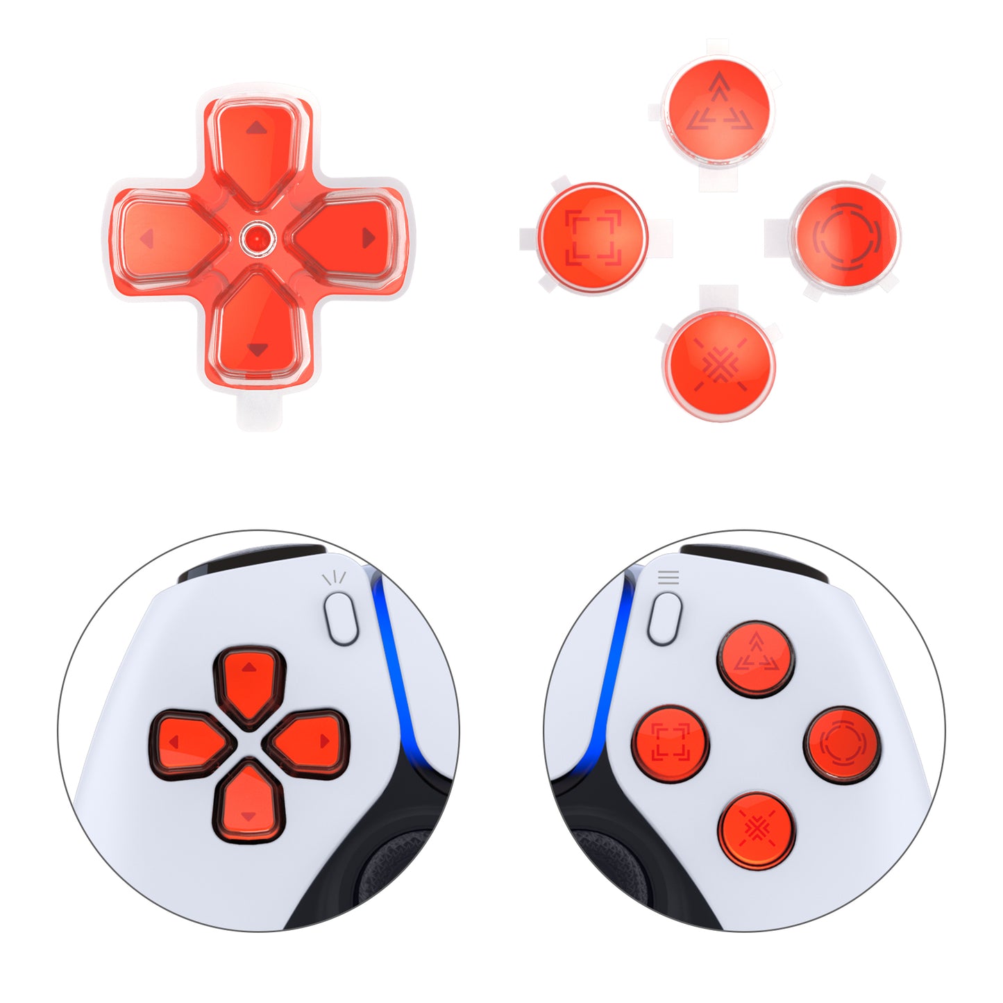 eXtremeRate Retail Replacement Custom Dpad Action Buttons Three-Tone Orange & Clear With Redesigned Symbols D-pad Face Buttons For ps5 Controller - JPFF008