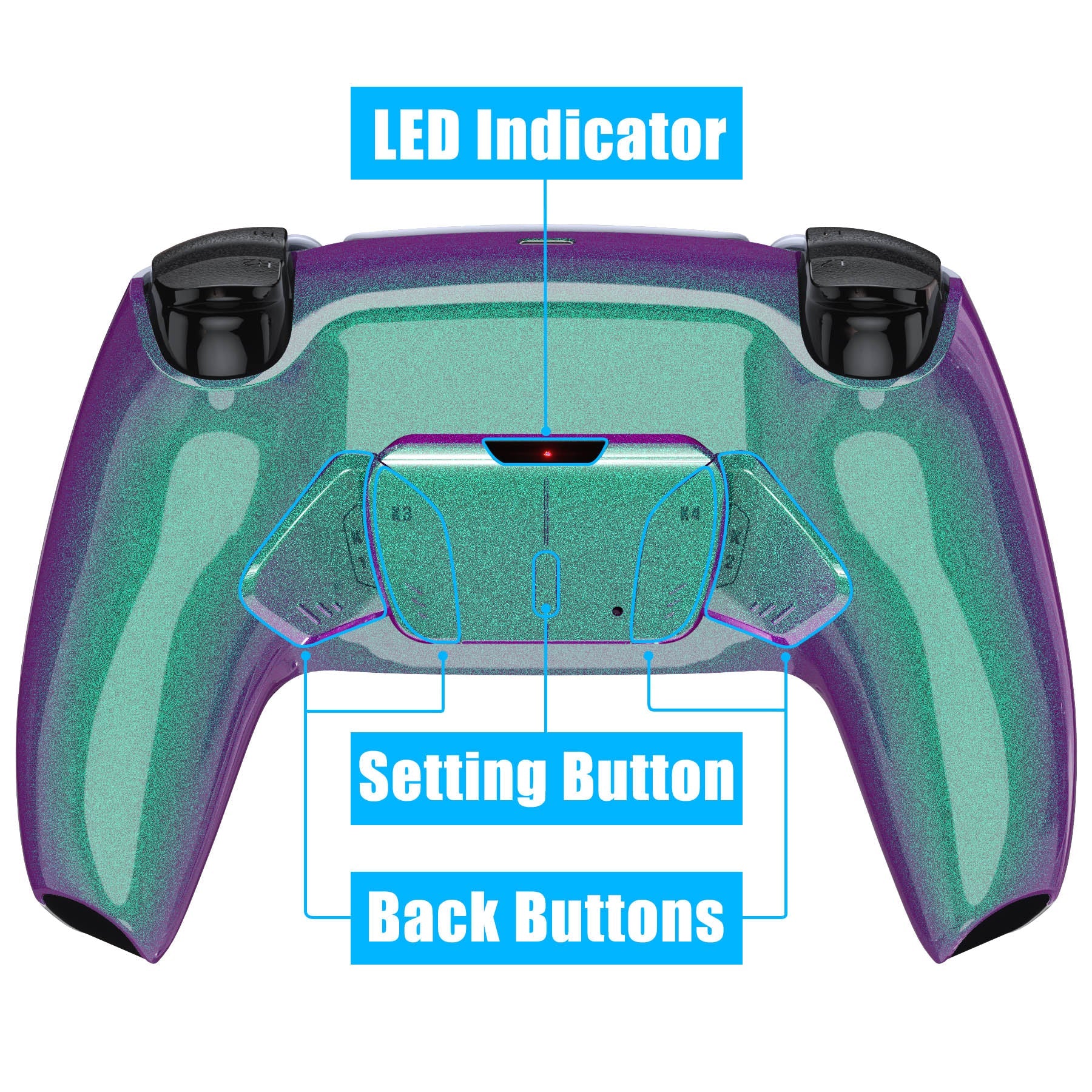 eXtremeRate Retail Chameleon Green Purple Remappable RISE 4.0 Remap Kit for ps5 Controller BDM 010 & BDM 020, Upgrade Board & Redesigned Back Shell & 4 Back Buttons for ps5 Controller - Controller NOT Included - YPFP3009